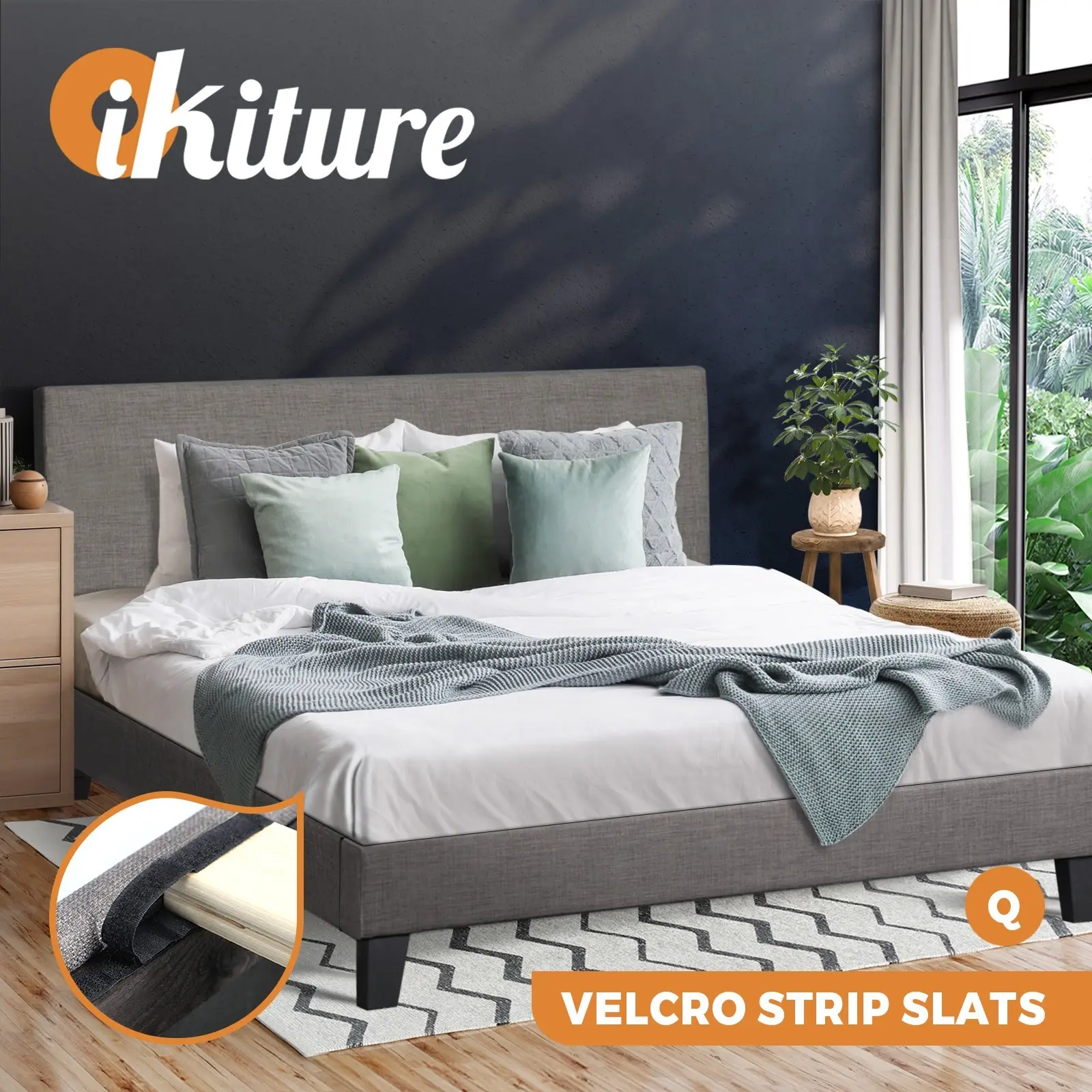 Oikiture Bed Frame Queen Size Mattress Base Platform Wooden Slats Grey Fabric - Furniture