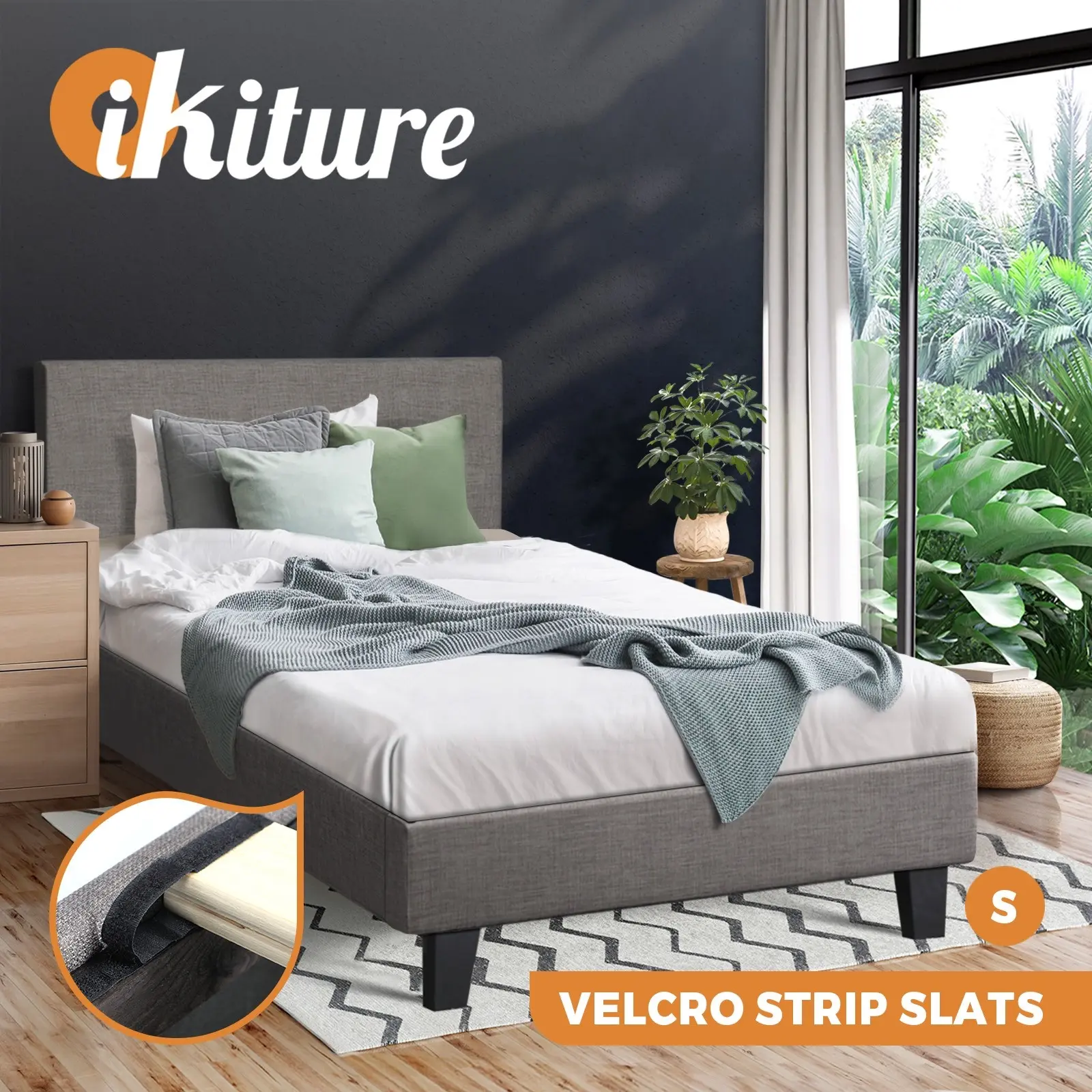 Oikiture Bed Frame Single Size Mattress Base Platform Wooden Slats Grey Fabric - Furniture