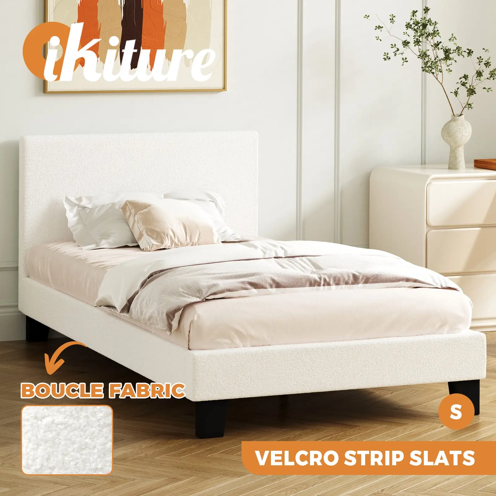 Oikiture Bed Frame Single Size Mattress Base Boucle Fabric Platform Wooden Slats - Furniture
