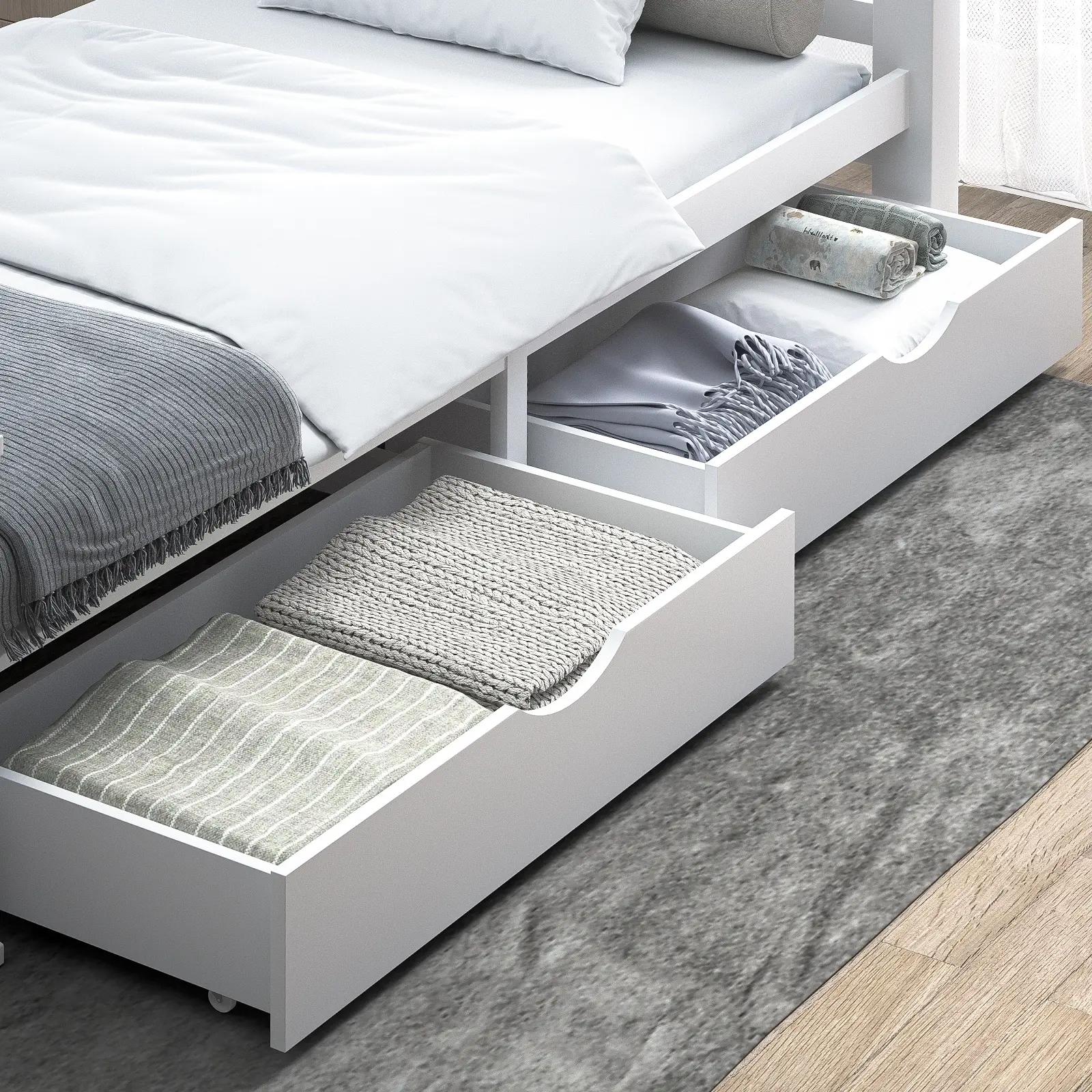Oikiture Storage Drawers Trundle for Wooden Bed Frame Base Timber White 2PCS - Top Selling Beds