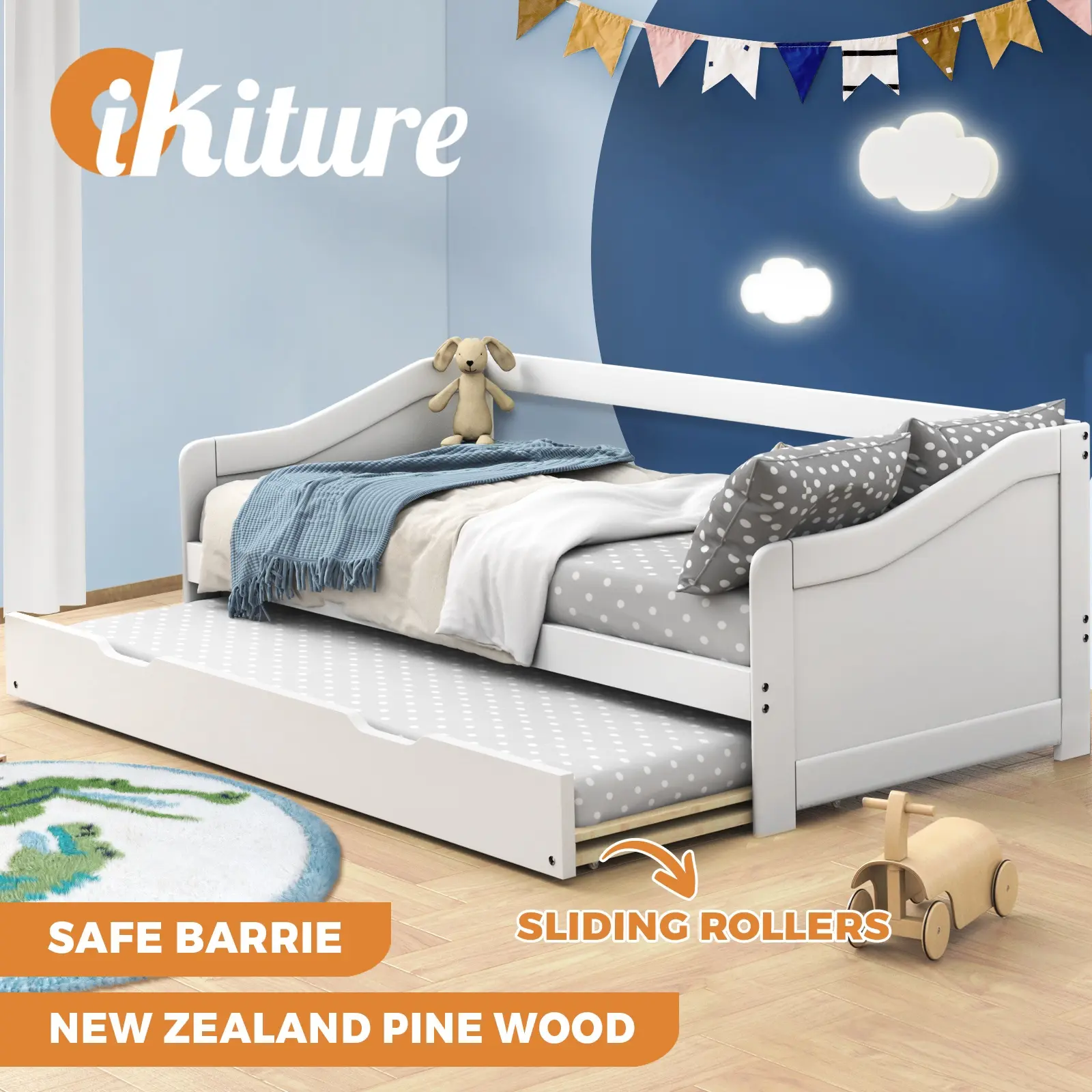 Oikiture Trundle Bed Frame Daybed Single Size Base Timber Wooden Single Beds x2 - Top Selling Beds