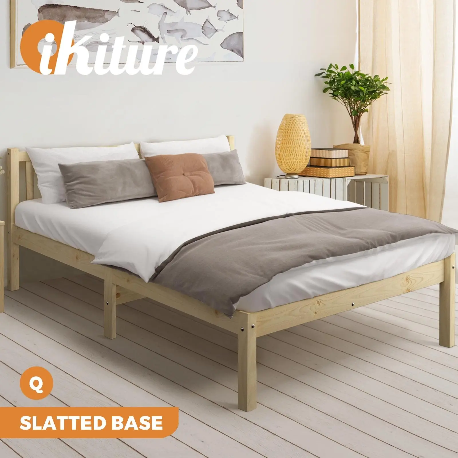 Oikiture Bed Frame Queen Size Wooden Timber Mattress Base Solid Wood Platform - Furniture