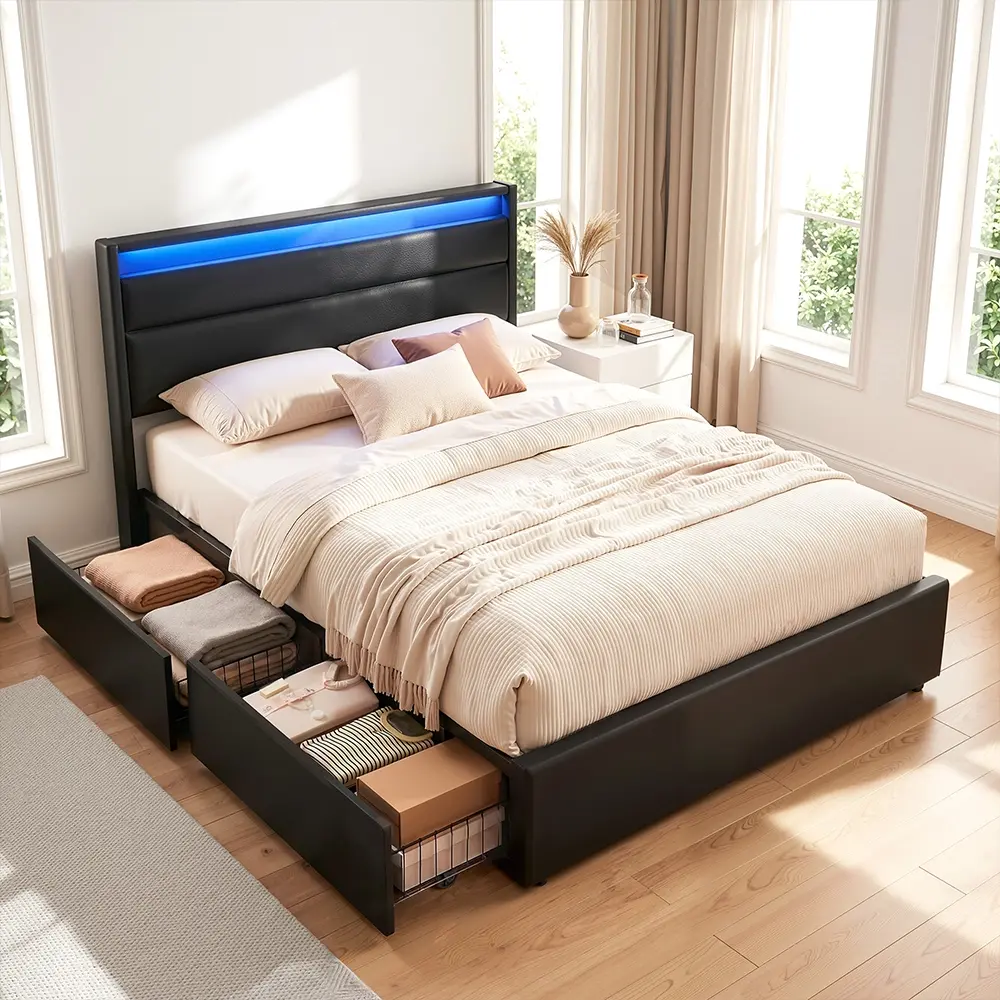Artiss Bed Frame Double Size LED with 4 Drawers Black DUNN - Furniture