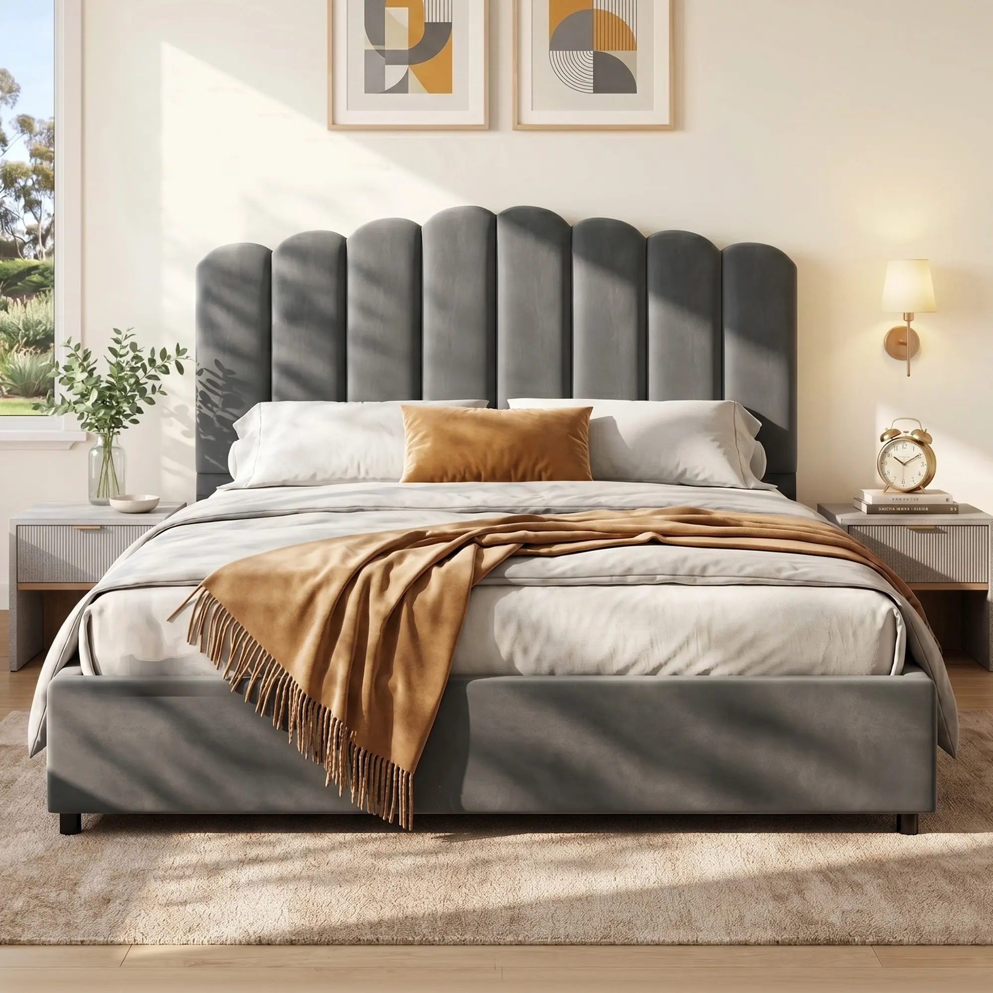 Artiss Bed Frame Queen Size Velvet Grey FION - Furniture