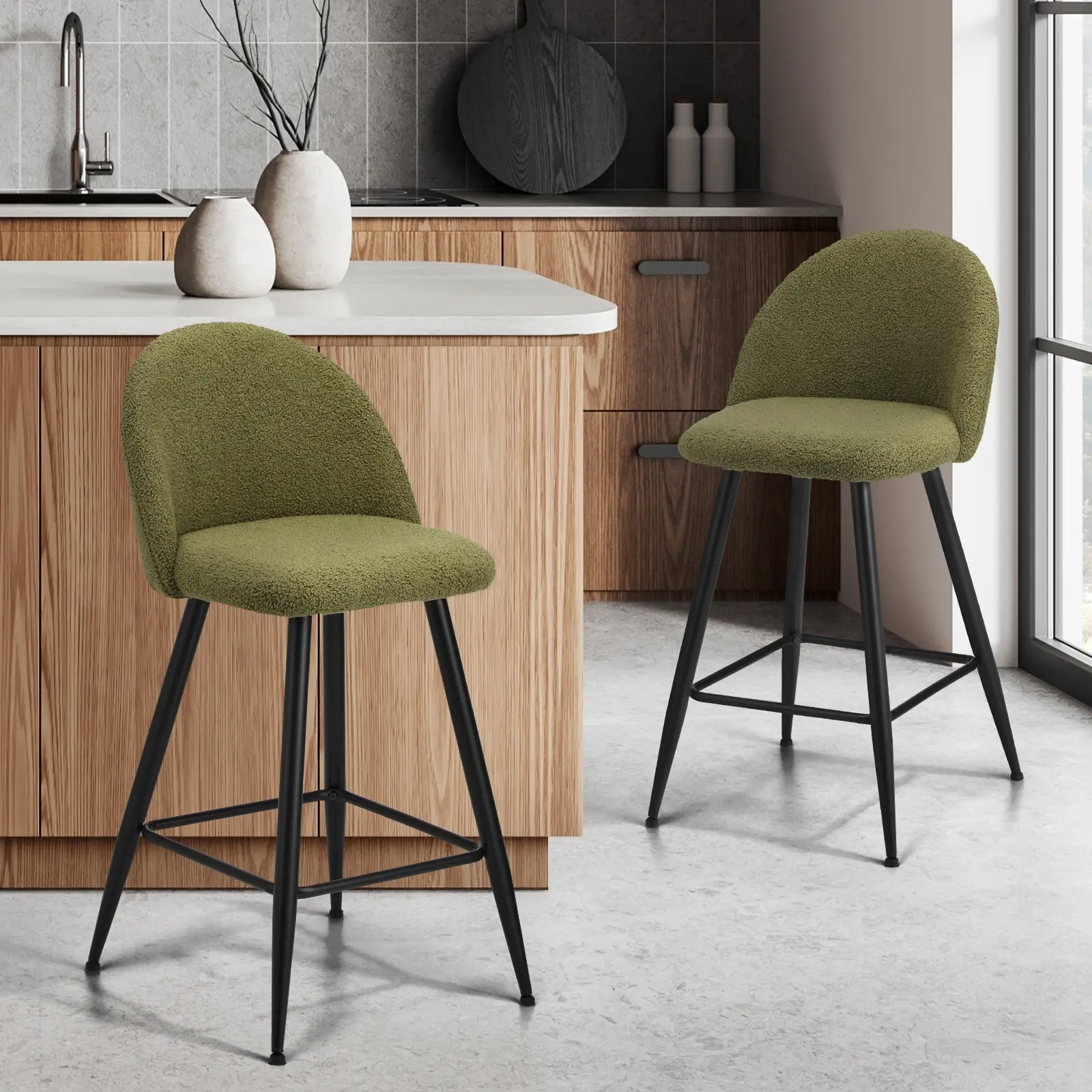 Oikiture 2x Bar Stools Kitchen Dining Chairs Counter Stool Green Boucle Padded - Furniture