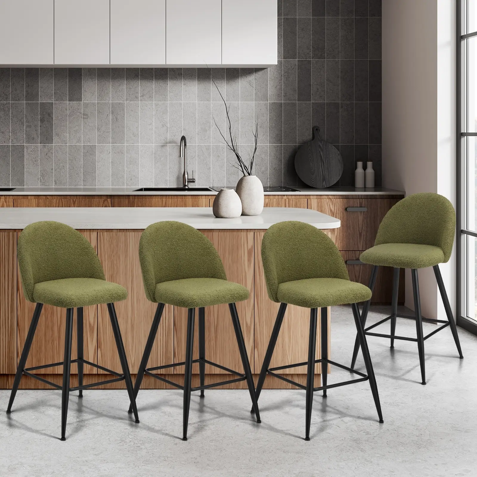 Oikiture 4x Bar Stools Kitchen Dining Chairs Counter Stool Green Boucle Padded - Furniture