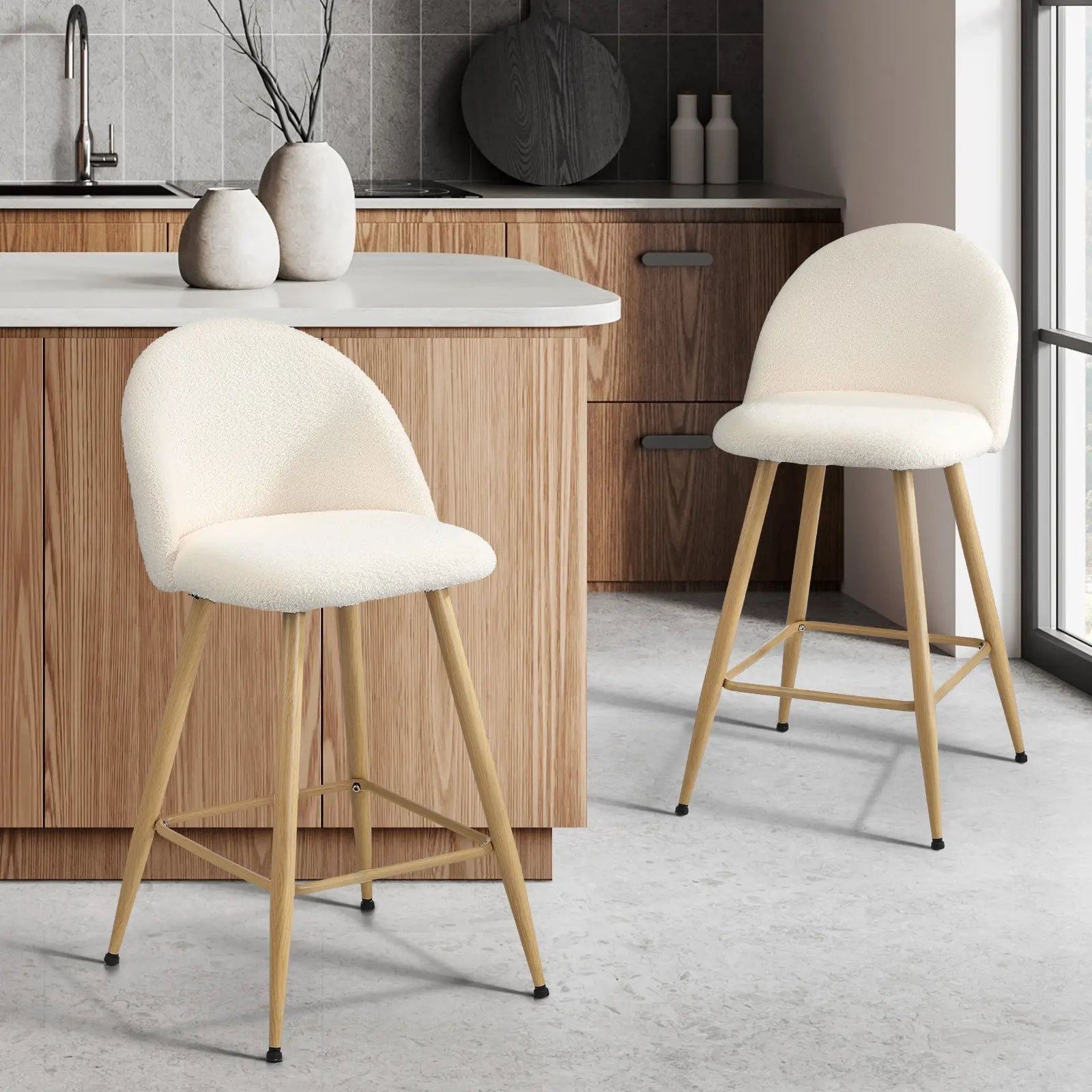 Oikiture 2x Bar Stools Kitchen Dining Chairs Counter Stool Boucle Padded Stools - Furniture
