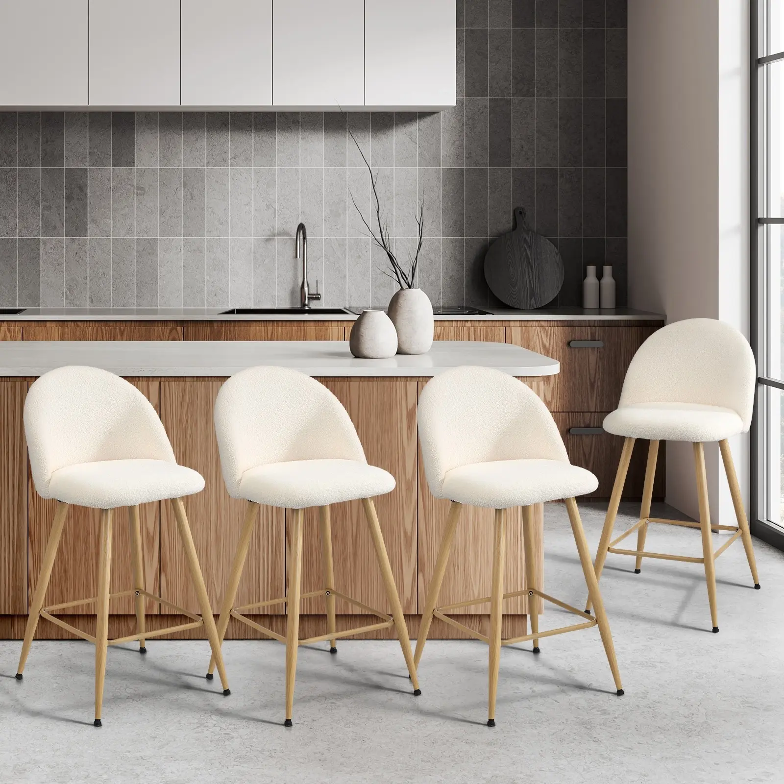 Oikiture 4x Bar Stools Kitchen Dining Chairs Counter Stool Boucle Padded Stools - Shop Dining Chairs & Bar Stools
