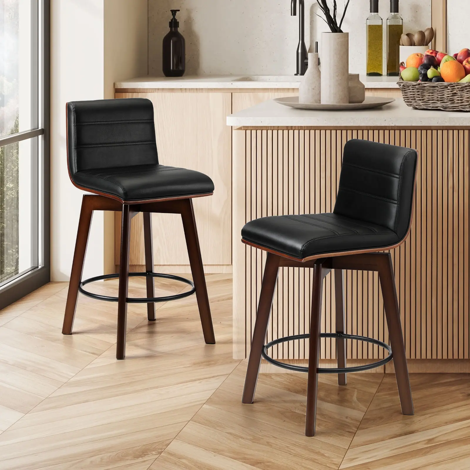 Oikiture 2x Bar Stools Kitchen Counter Swivel Dining Chair PU Leather - Furniture