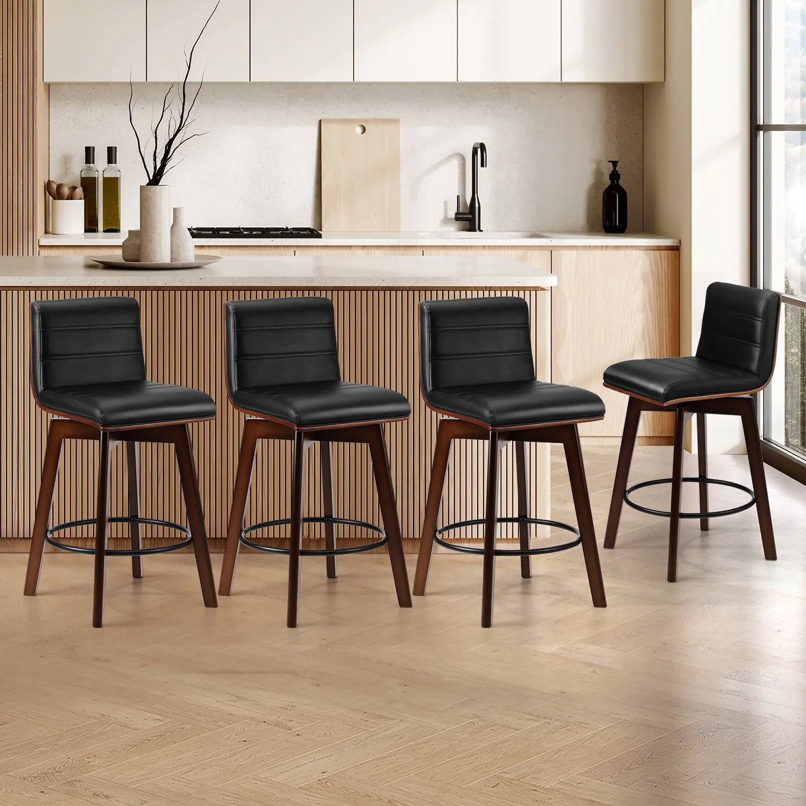 Oikiture 4x Bar Stools Kitchen Counter Swivel Dining Chair PU Leather - Furniture