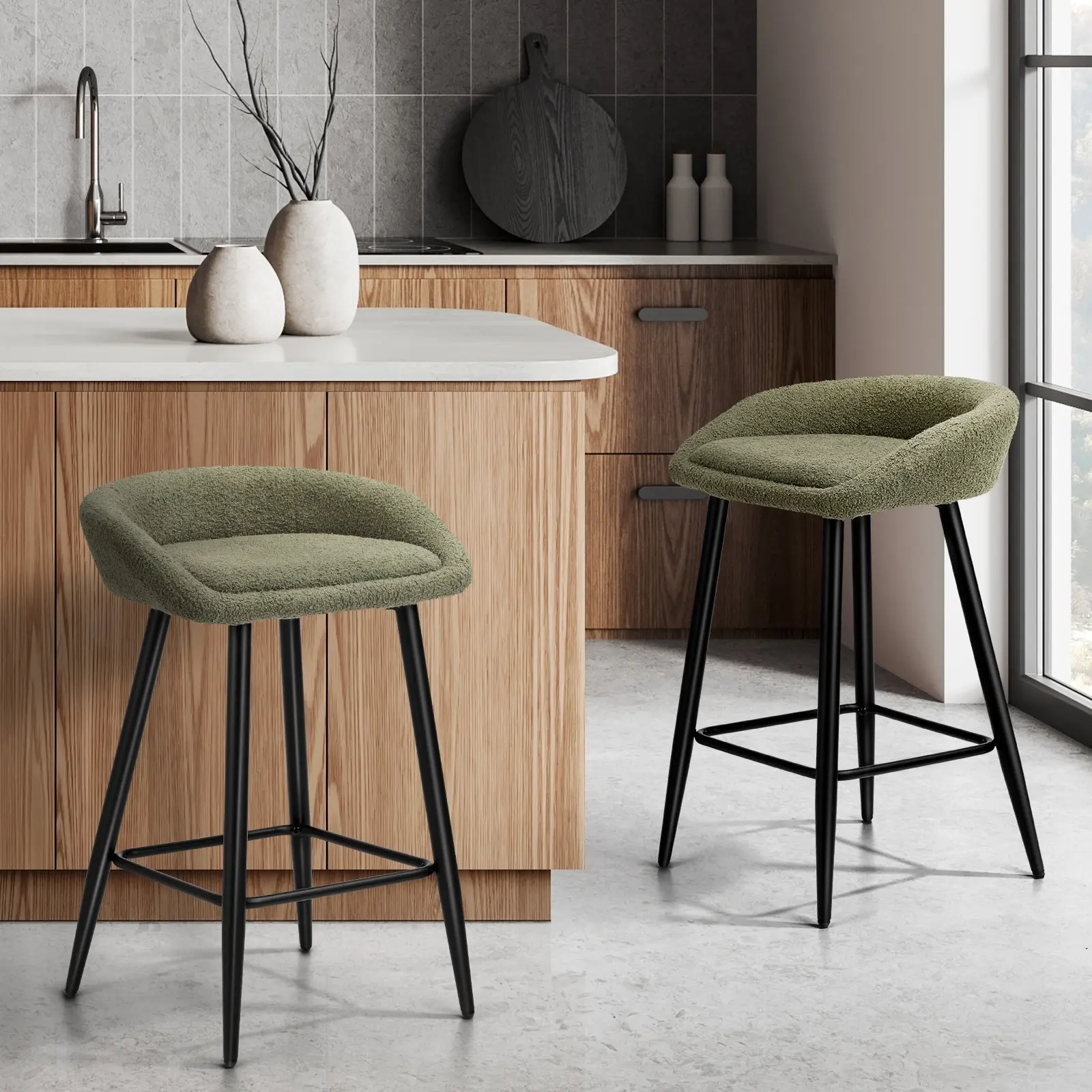 Oikiture 2x Bar Stools Kitchen Dining Chairs Counter Stool Boucle Fabric Green - Shop Dining Chairs & Bar Stools