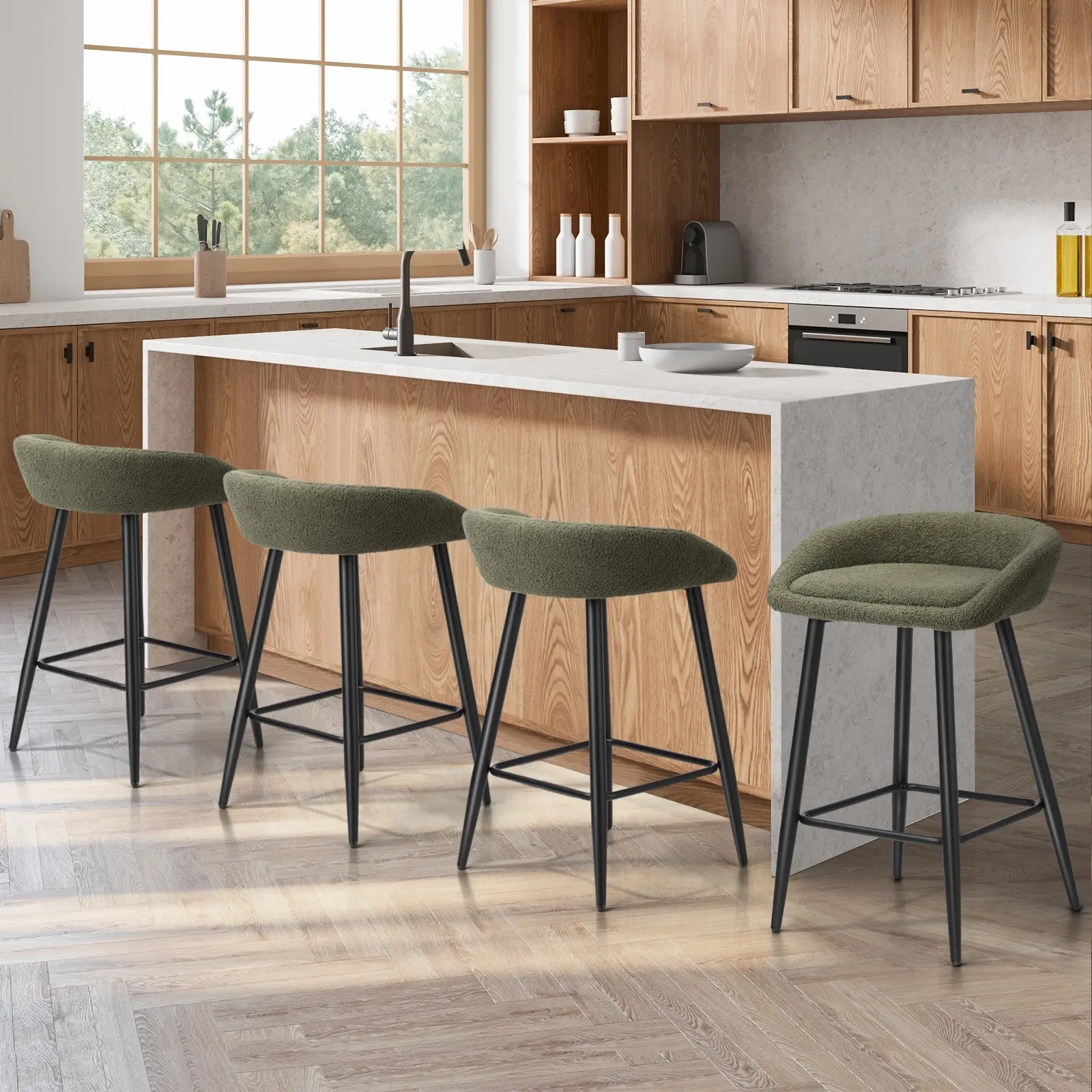 Oikiture Bar Stools Kitchen Dining Chairs Counter Stool Boucle Fabric Green x4 - Shop Dining Chairs & Bar Stools