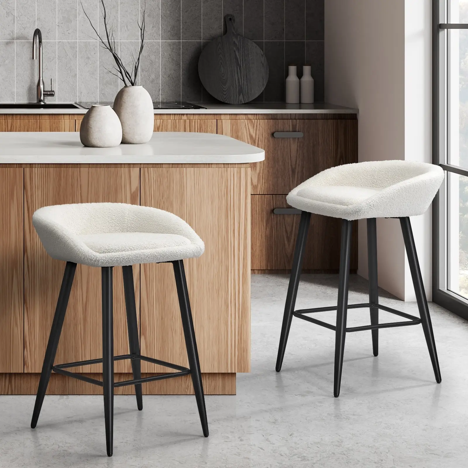 Oikiture 2x Bar Stools Kitchen Dining Chairs Counter Stool Boucle Fabric White - Furniture