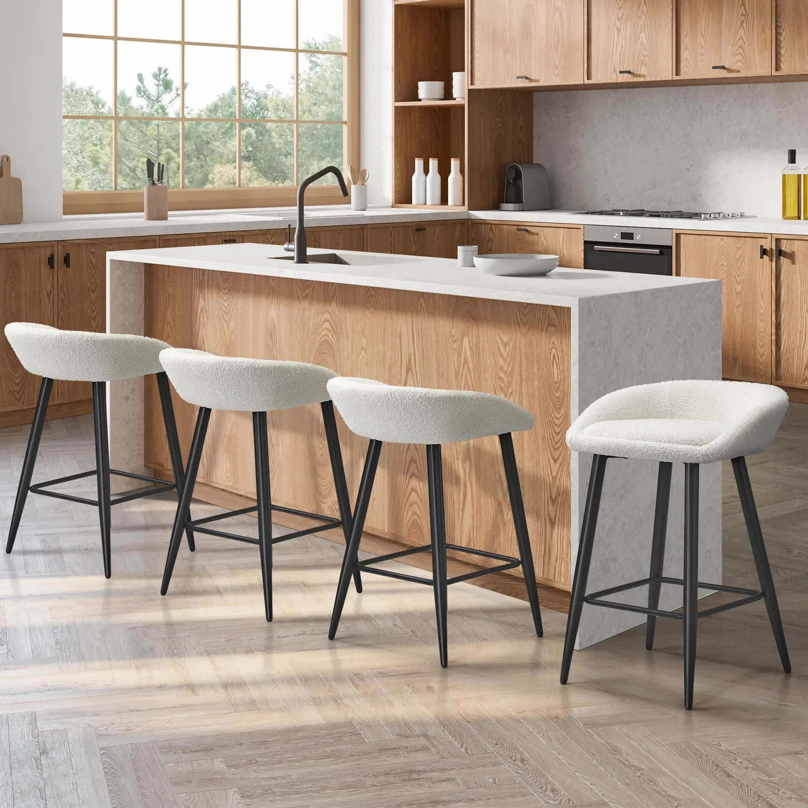 Oikiture Bar Stools Kitchen Dining Chairs Counter Stool Boucle Fabric White x4 - Shop Dining Chairs & Bar Stools