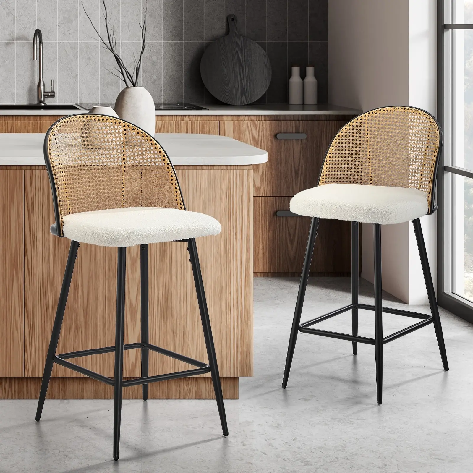 Oikiture Bar Stools Kitchen Counter Stool Rattan Dining Chair Boucle Fabric x2 - Furniture