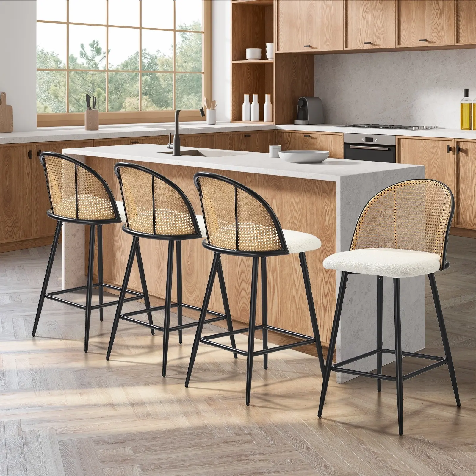 Oikiture Bar Stools Kitchen Counter Stool Rattan Dining Chair Boucle Fabric x4 - Furniture