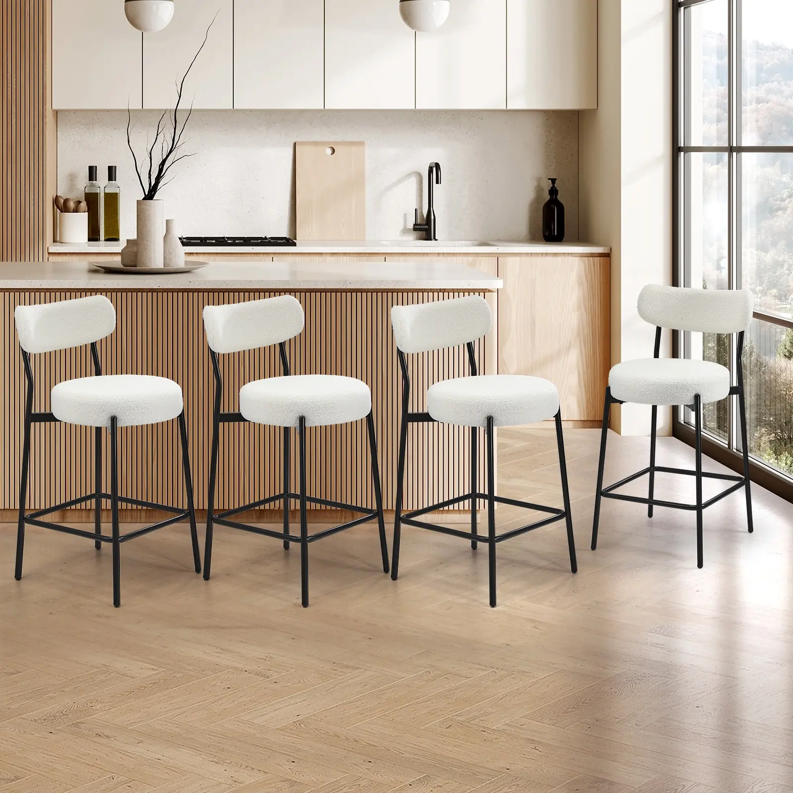 Oikiture 4x Bar Stools Kitchen Dining Chairs Counter Stool Boucle Fabric White - Furniture