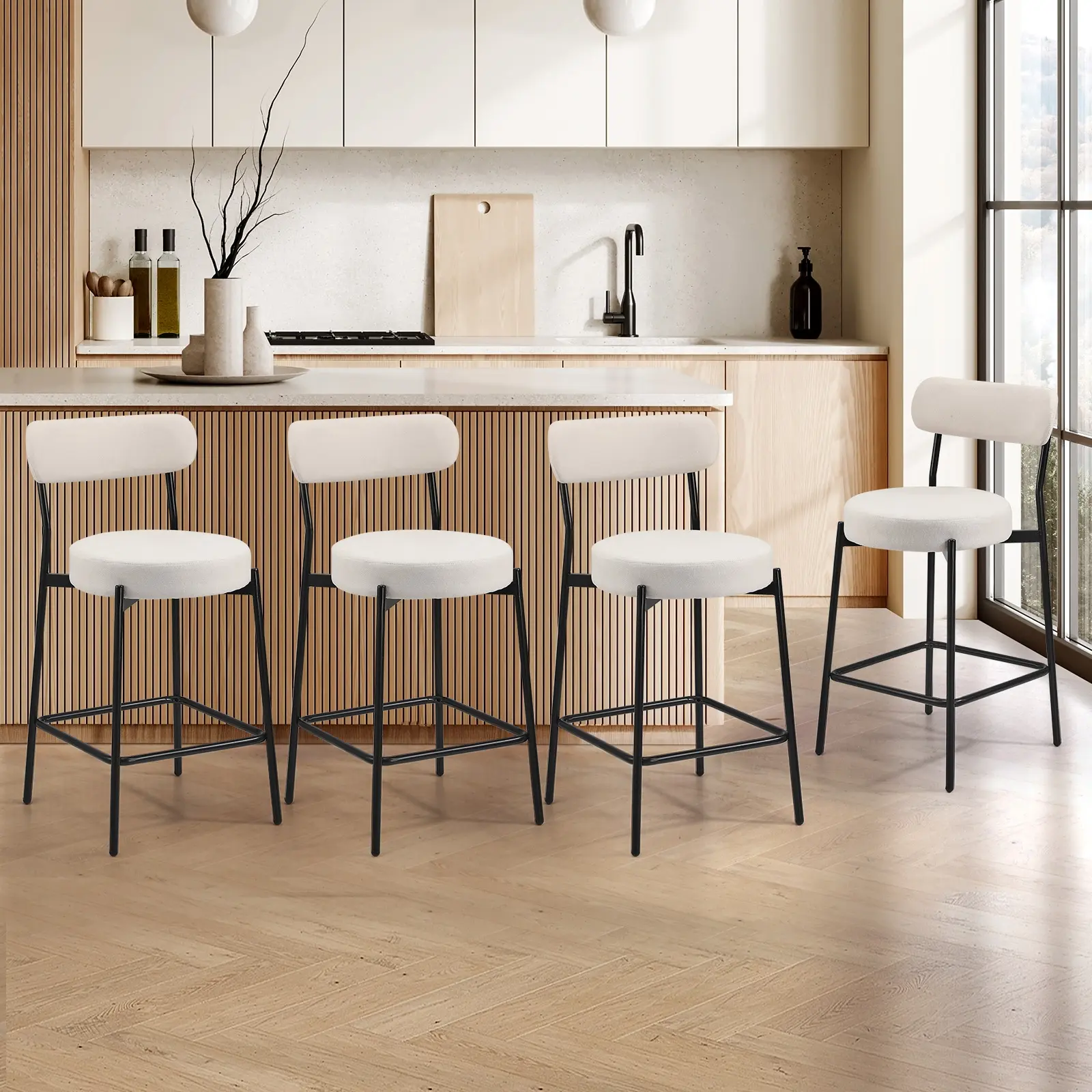 Oikiture 4x Bar Stools Kitchen Dining Chairs Counter Stool Polyester Beige - Furniture