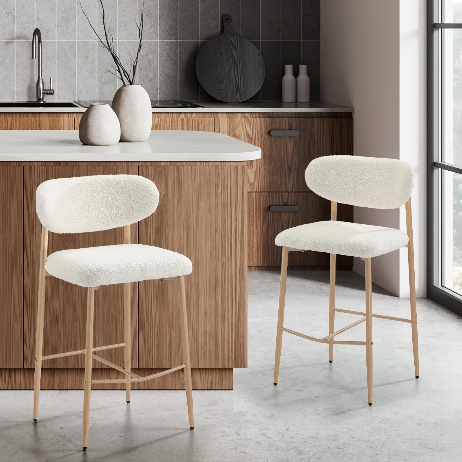 Oikiture 2x Bar Stools Kitchen Stool Counter Chair Boucle Fabric Natural - Shop Dining Chairs & Bar Stools