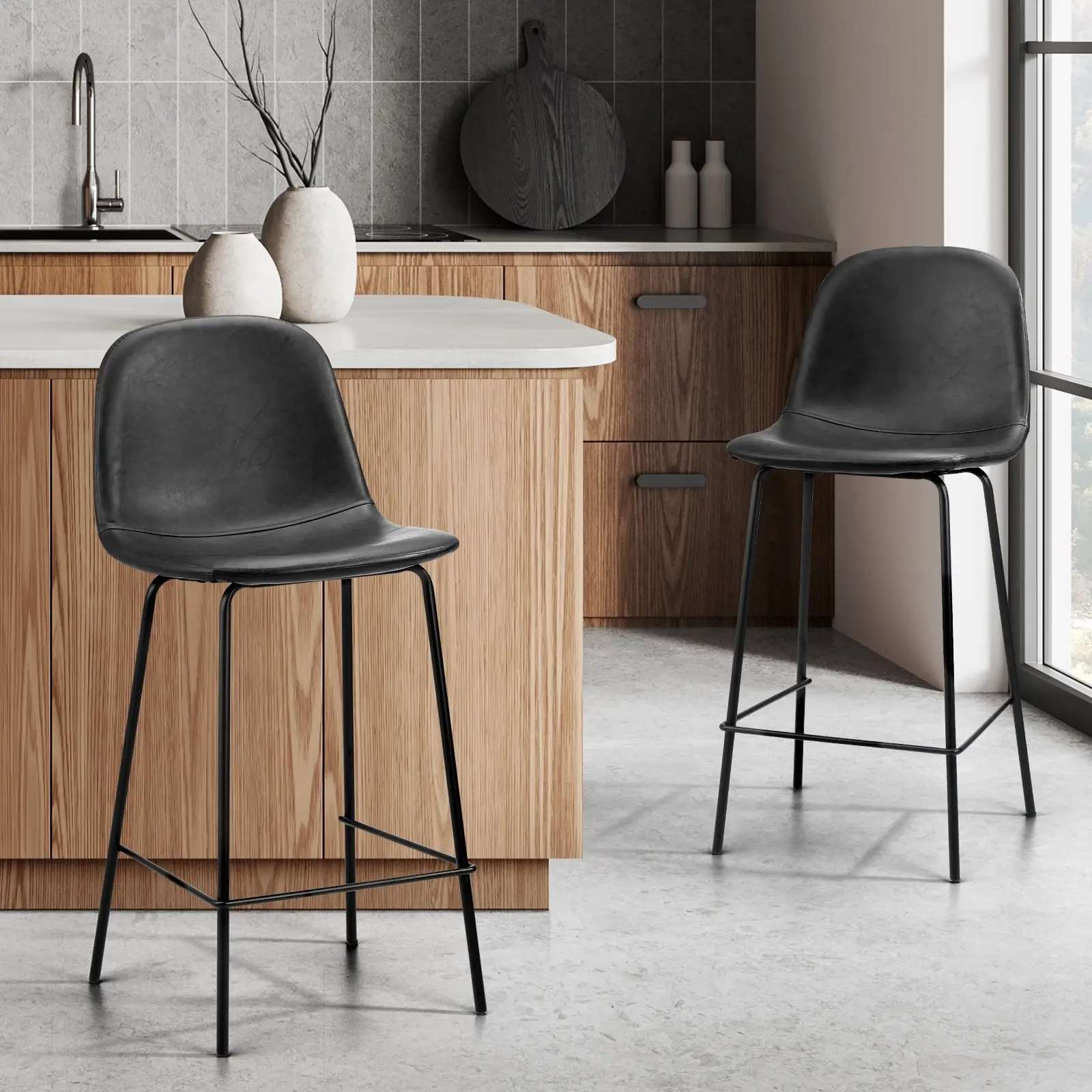 Oikiture 2x Bar Stools Kitchen Dining Chair Counter Stool PU Leather Black - Furniture