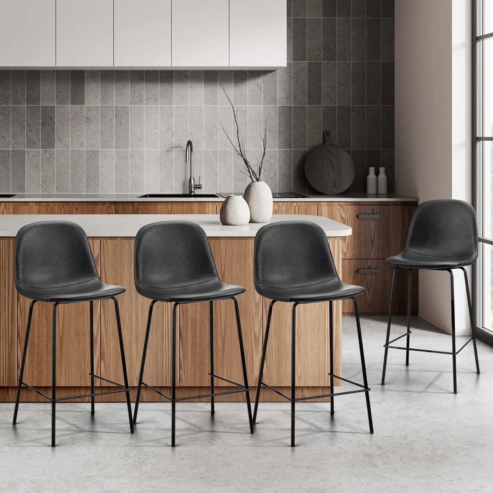 Oikiture 4x Bar Stools Kitchen Dining Chair Counter Stool PU Leather Black - Furniture