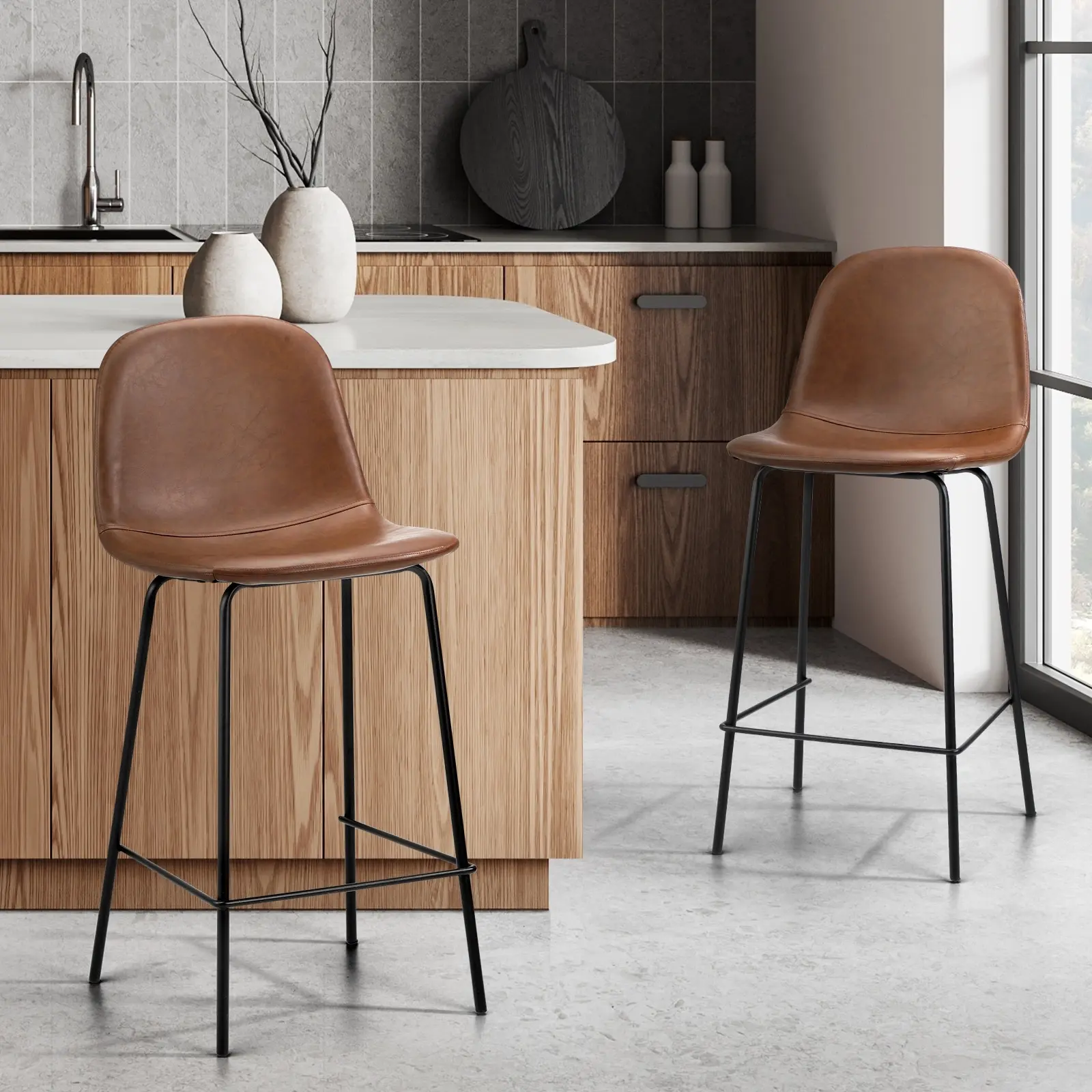Oikiture 2x Bar Stools Kitchen Dining Chair Counter Stool PU Leather Brown - Furniture