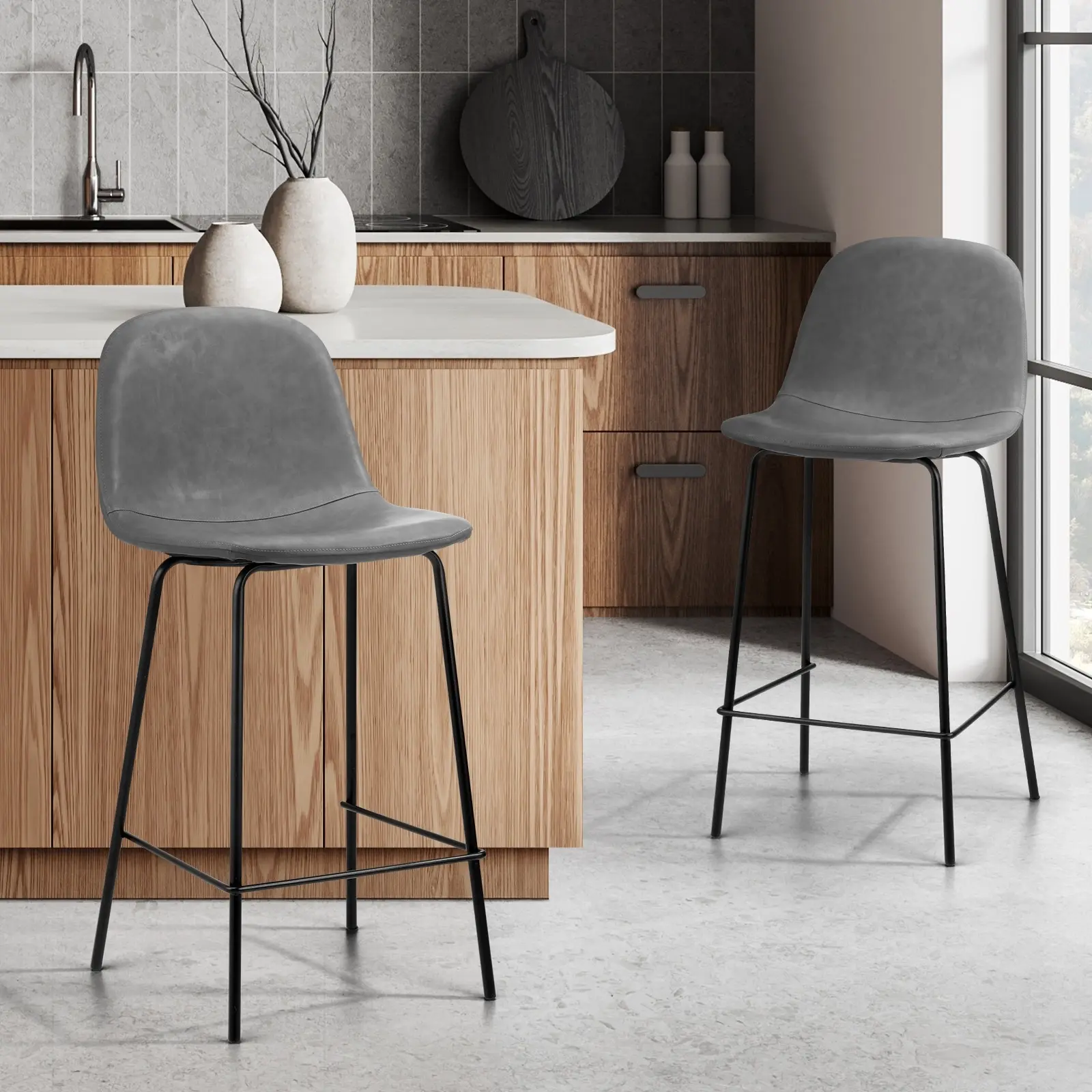 Oikiture 2x Bar Stools Kitchen Dining Chair Counter Stool PU Leather Grey - Shop Dining Chairs & Bar Stools