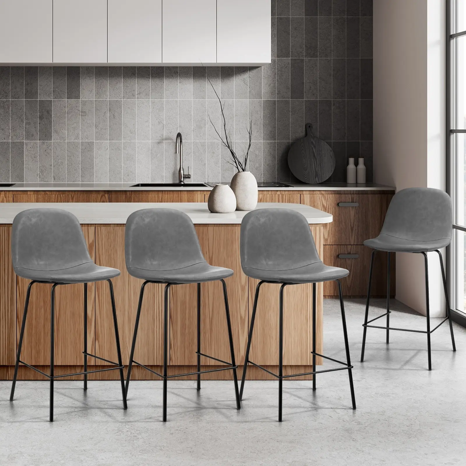 Oikiture 4x Bar Stools Kitchen Dining Chair Counter Stool PU Leather Grey - Shop Dining Chairs & Bar Stools