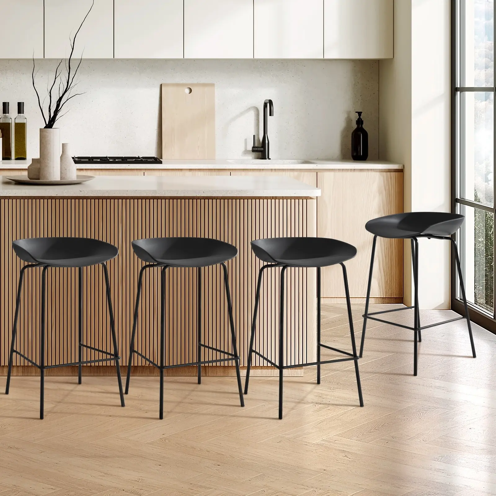 Oikiture Set of 4 Kitchen Bar Stools Stool Dinning Counter Chairs Metal Black - Furniture