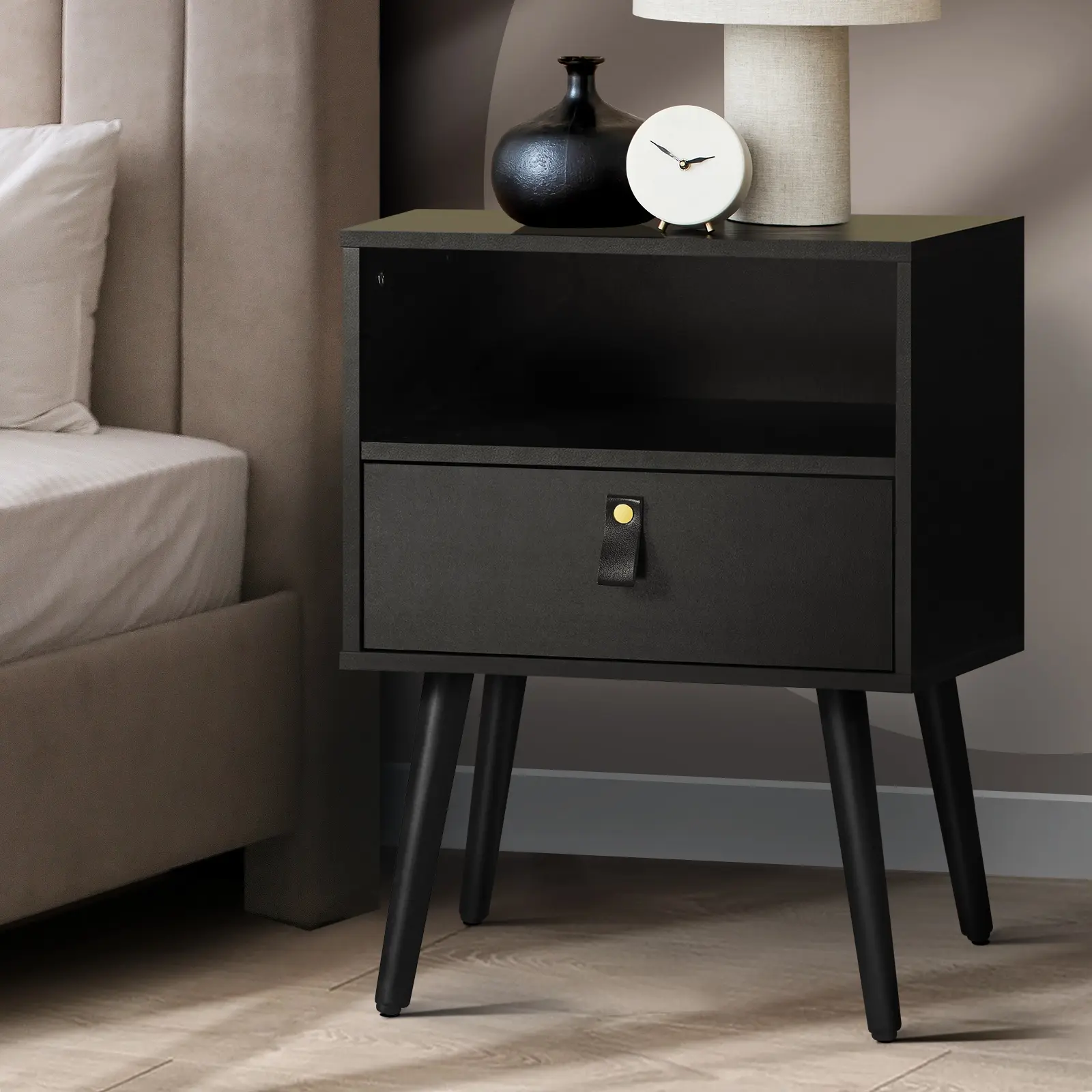 Oikiture Bedside Table Drawers Side Table Storage Cabinet Nightstand Black - Furniture