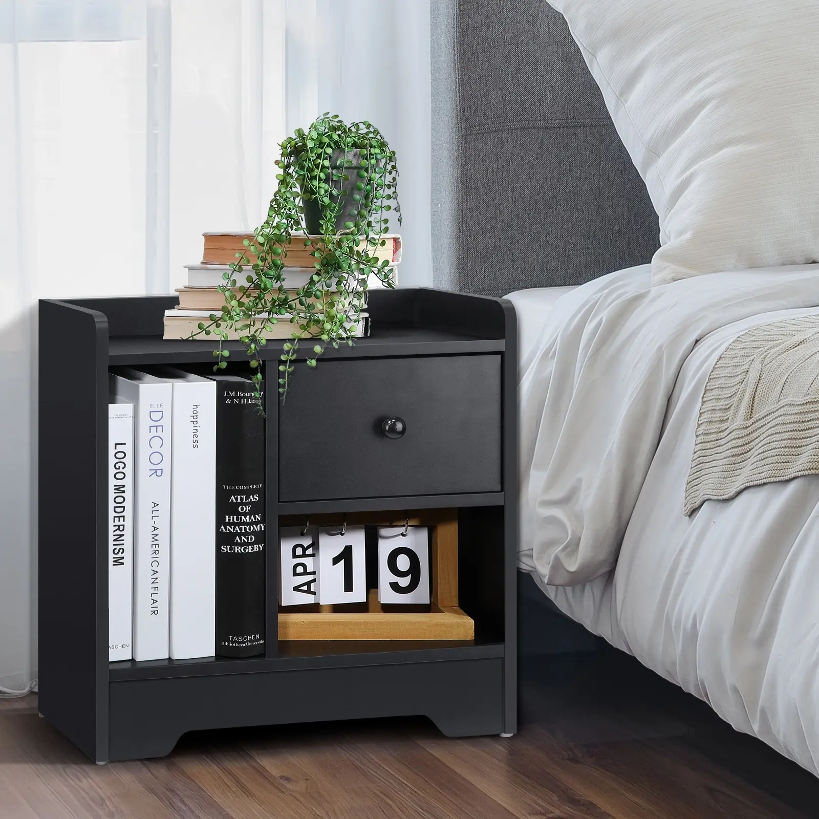 Oikiture Bedside Tables Side Table Nightstand Storage Drawer Shelf Bedroom Black - Furniture