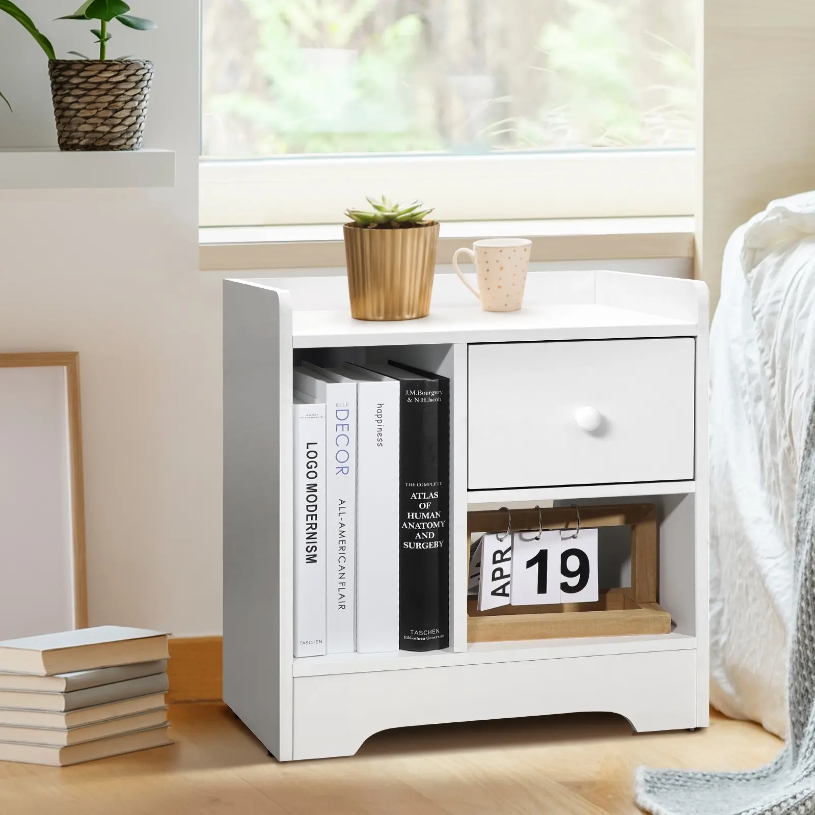 Oikiture Bedside Tables Side Table White Nightstand Storage Drawer Shelf Bedroom - Furniture