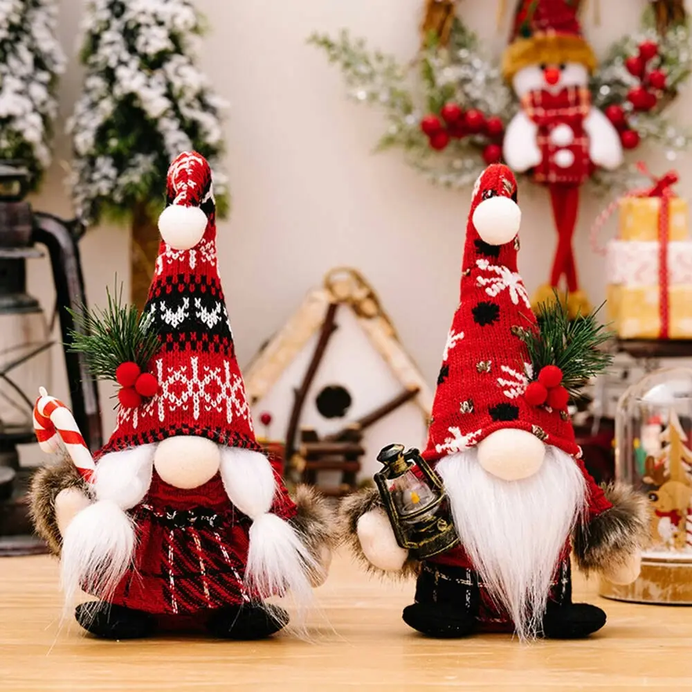 2 Pack Christmas Knitted Curved Hat Holding Crutches Kerosene Lamp Dwarf Doll - Home & Garden