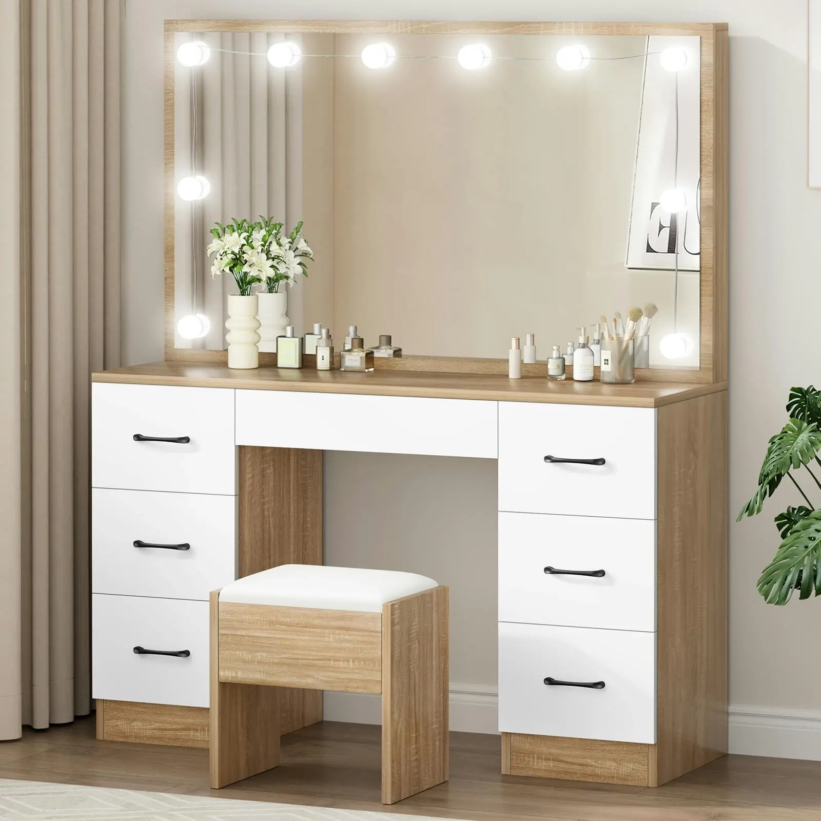 Alfordson Dressing Table Stool Set Makeup Mirror Desk LED 10 Bulbs Oak - Furniture