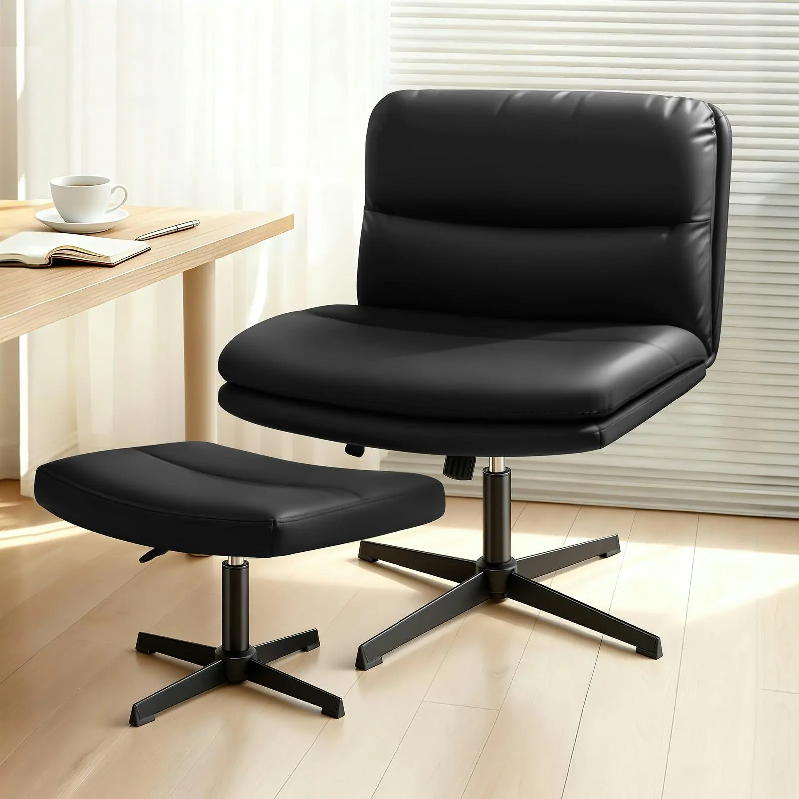 Alfordson Office Chair Computer Cross-legged Seat Work Ottoman PU Leather Black