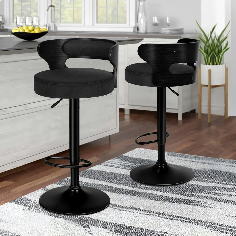 Alfordson 2x Bar Stool Kitchen Swivel Chair Wooden Linen Fabric Ramiro All Black - Furniture