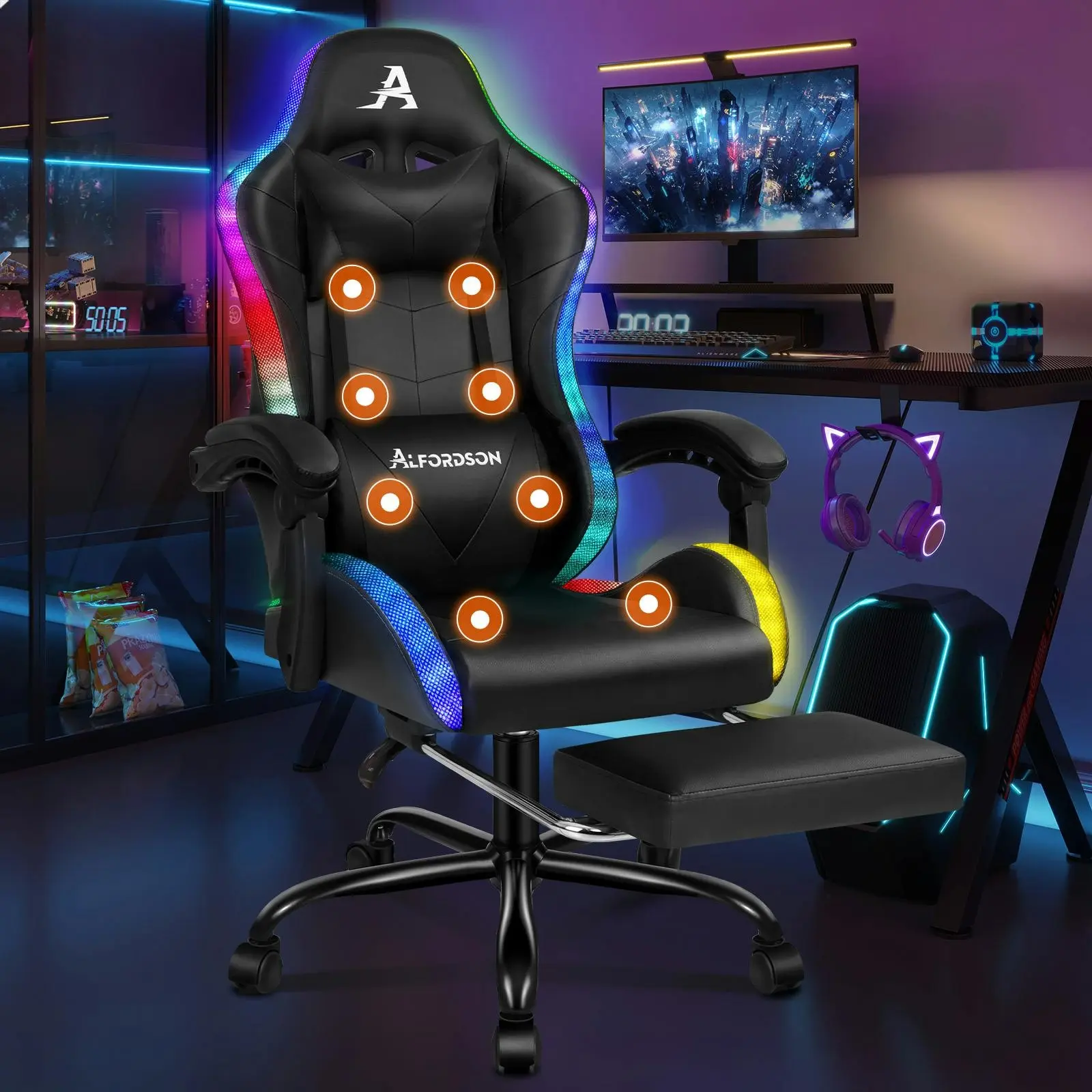 Alfordson Gaming Chair Office Massage 12 RGB LED Computer Seat PU Leather Black - Furniture