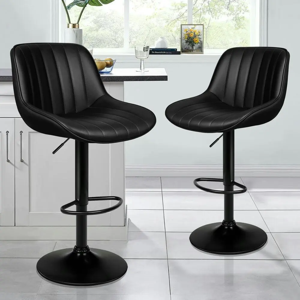 Alfordson 2x Bar Stools Gas Lift Leather Bar Chairs Kitchen Swivel ALL BLACK - Furniture