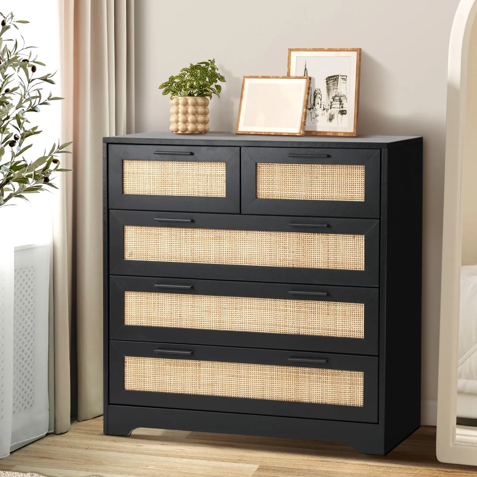 Oikiture 5 Chest of Drawers Dresser Storage Cabinet Tallboy Rattan Black - Furniture