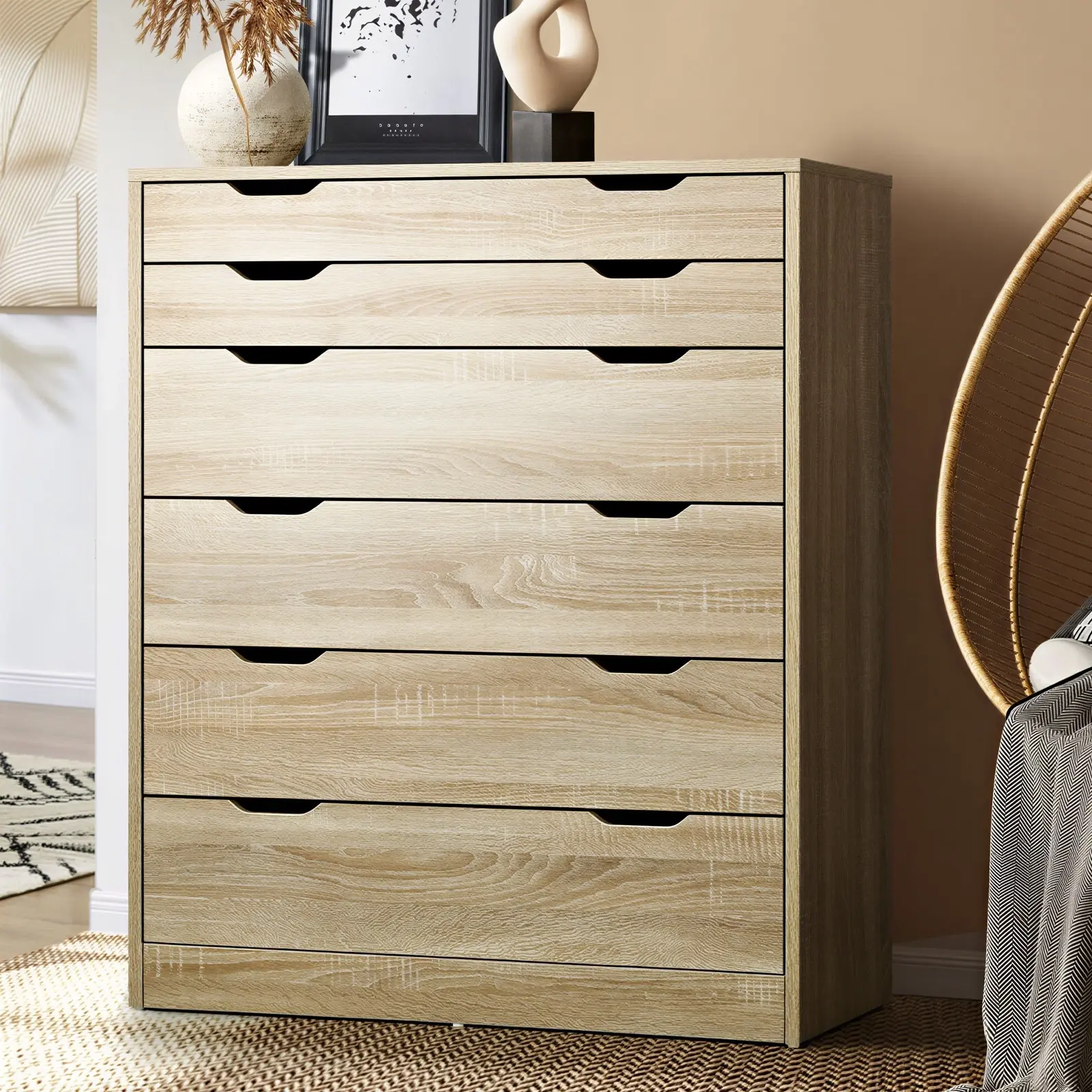 Oikiture 6 Chest of Drawers Tallboy Wooden Natural PMA - Furniture