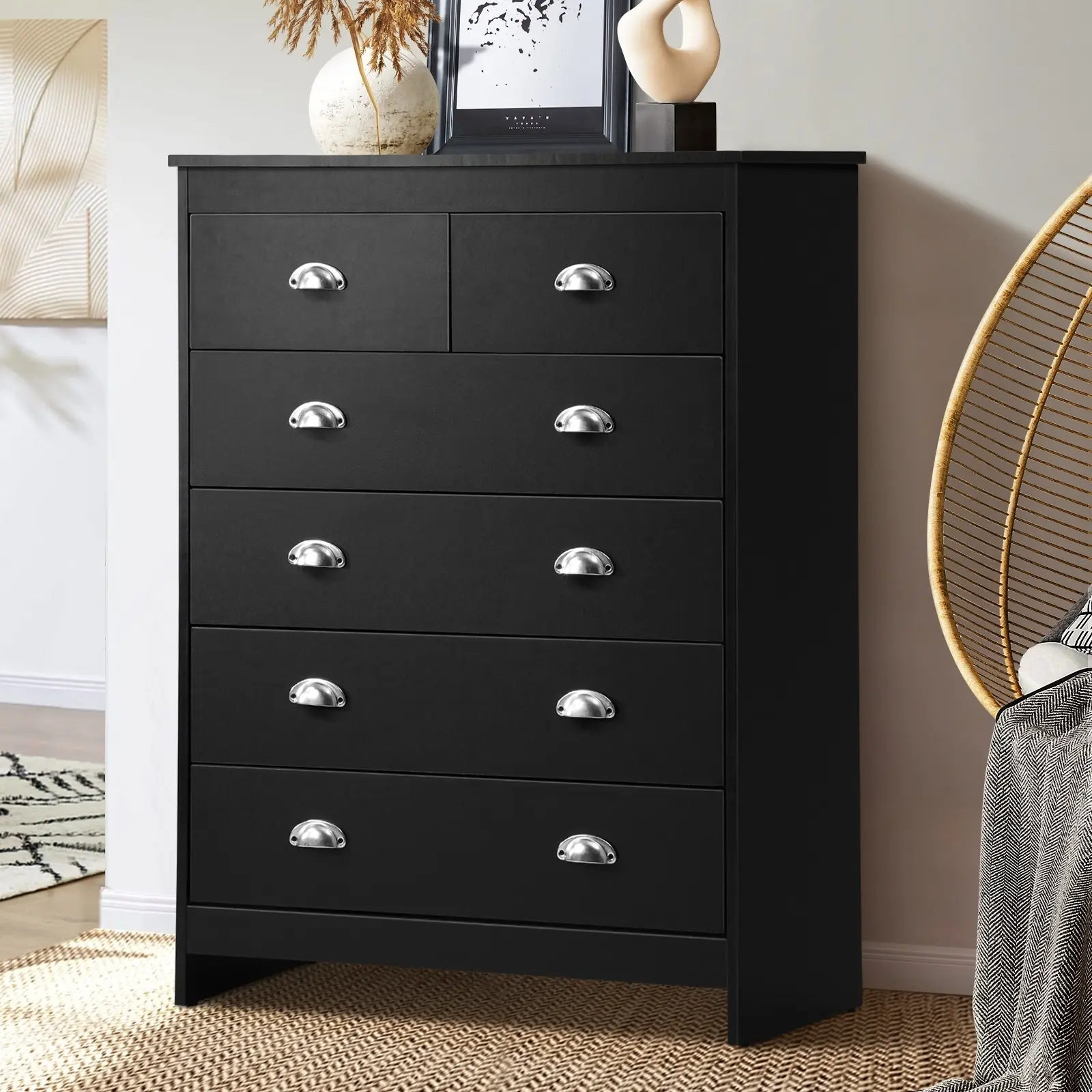 Oikiture 6 Chest of Drawers Tallboy Dresser Table Storage Cabinet Black - Furniture