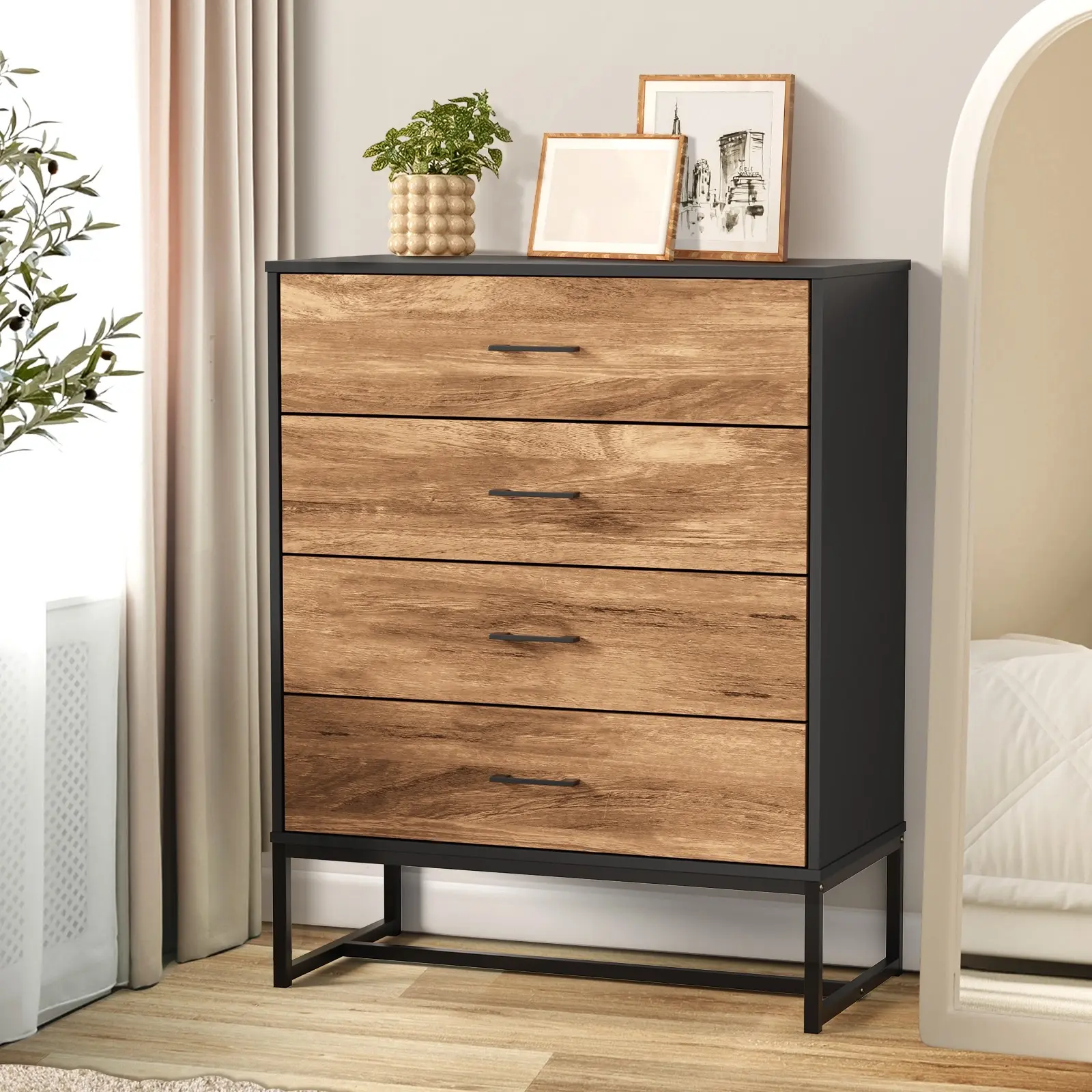Oikiture 4 Chest of Drawers Storage Cabinet Dresser Table Tallboy Metal Black - Furniture