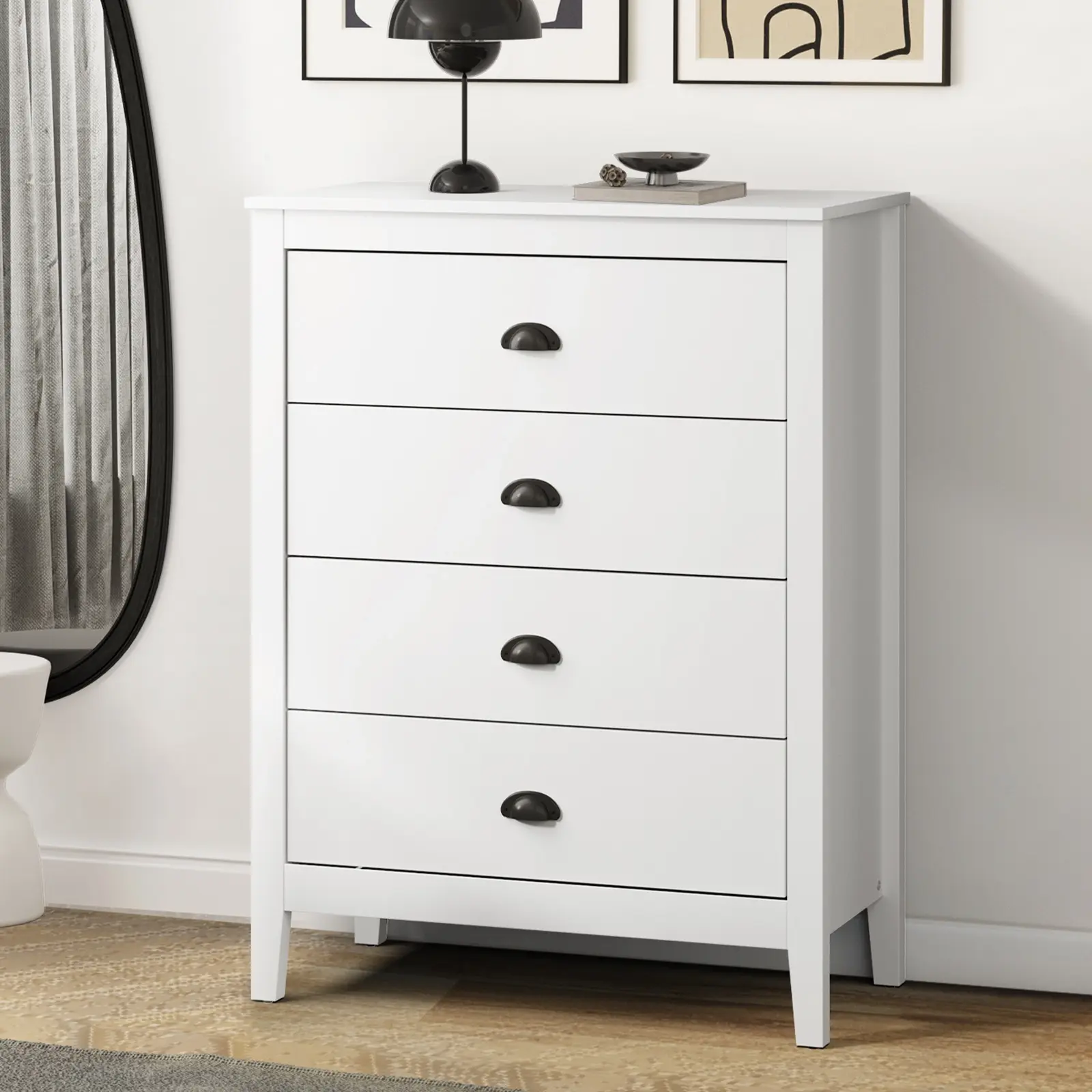 Oikiture 4 Chest of Drawers Dresser Storage Cabinet Tallboy White Vintage - Furniture
