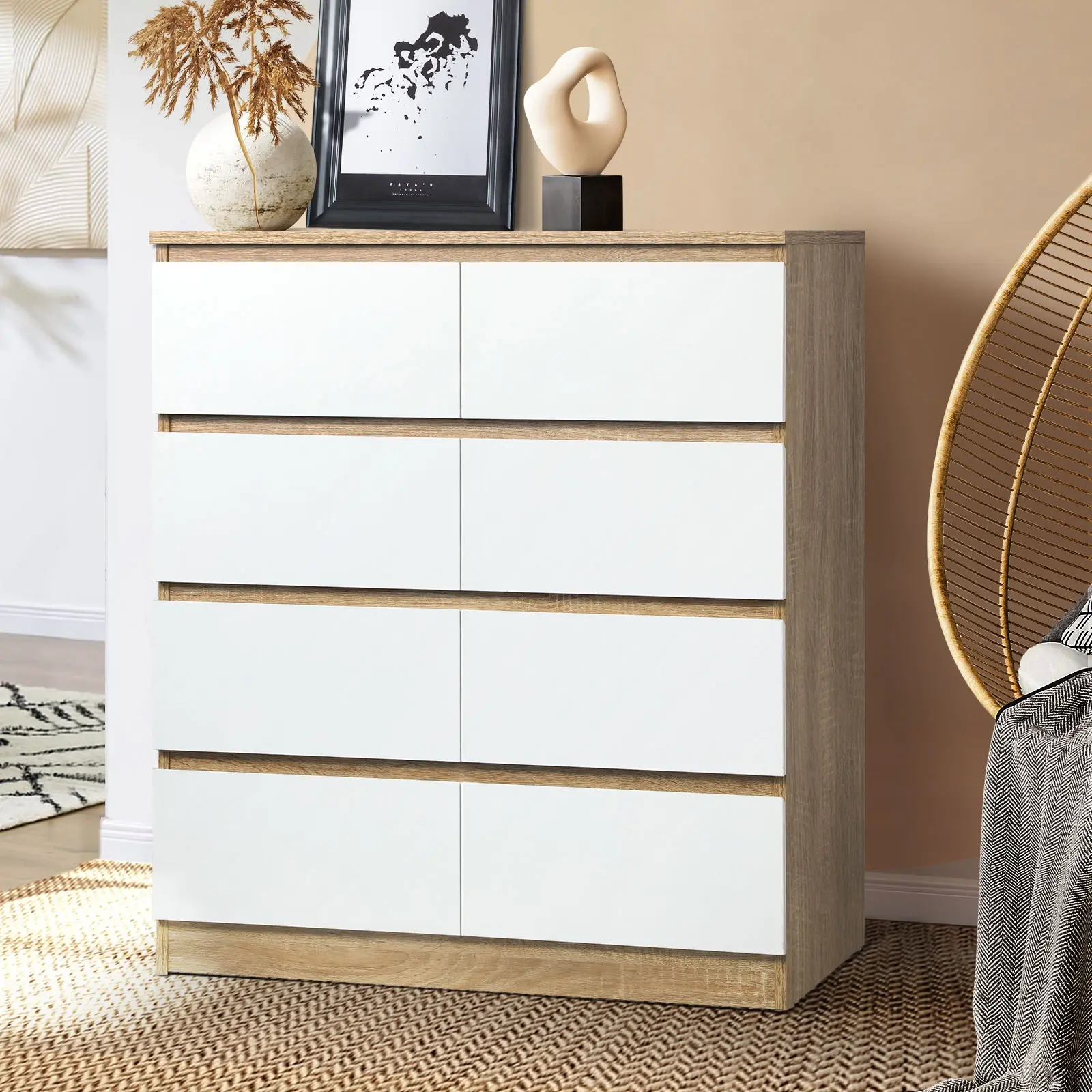 Oikiture 8 Chest of Drawers Tallboy Wooden White PURI - Furniture