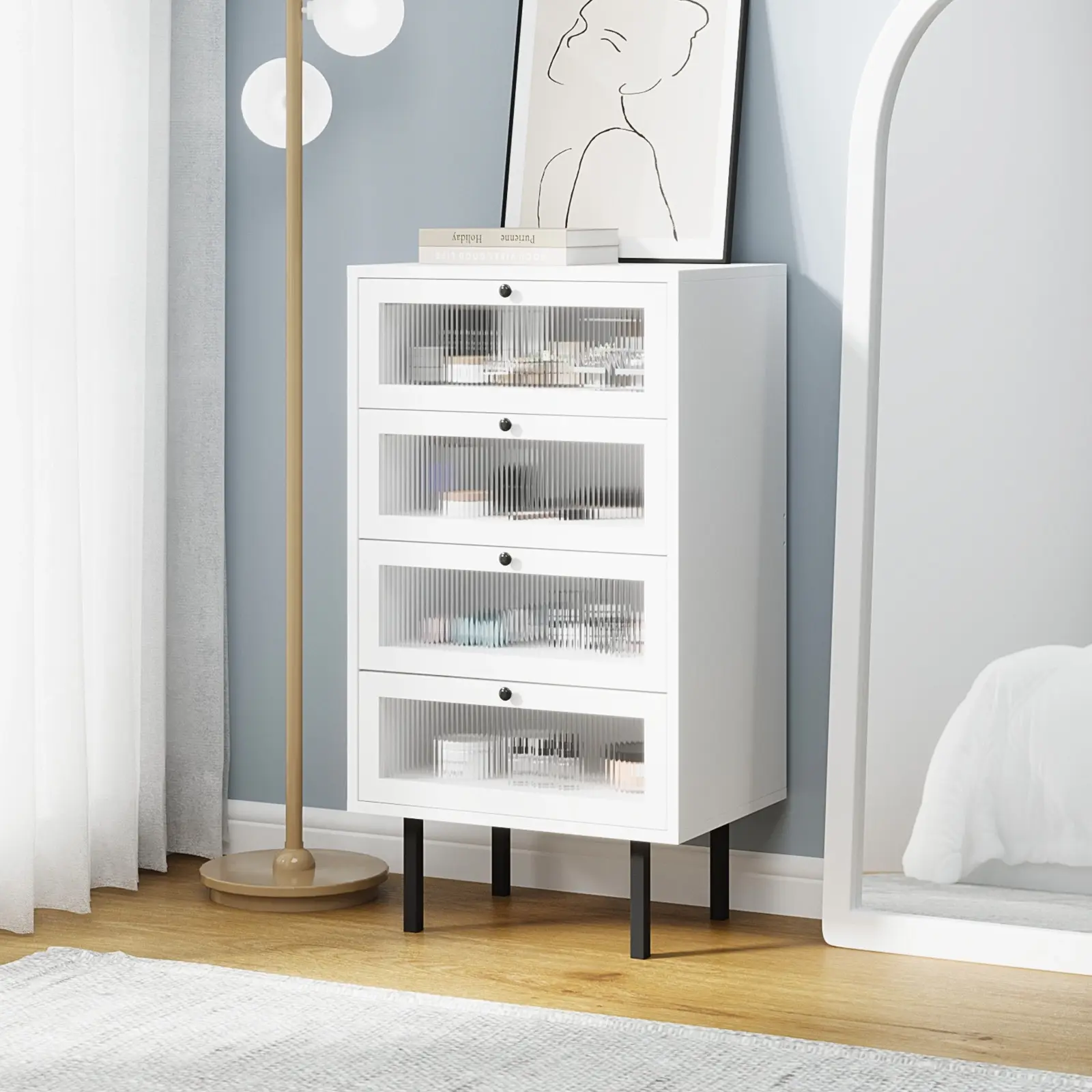 Oikiture 4 Chest of Drawers Tallboy Dresser Storage Cabinet Sideboard White - Furniture