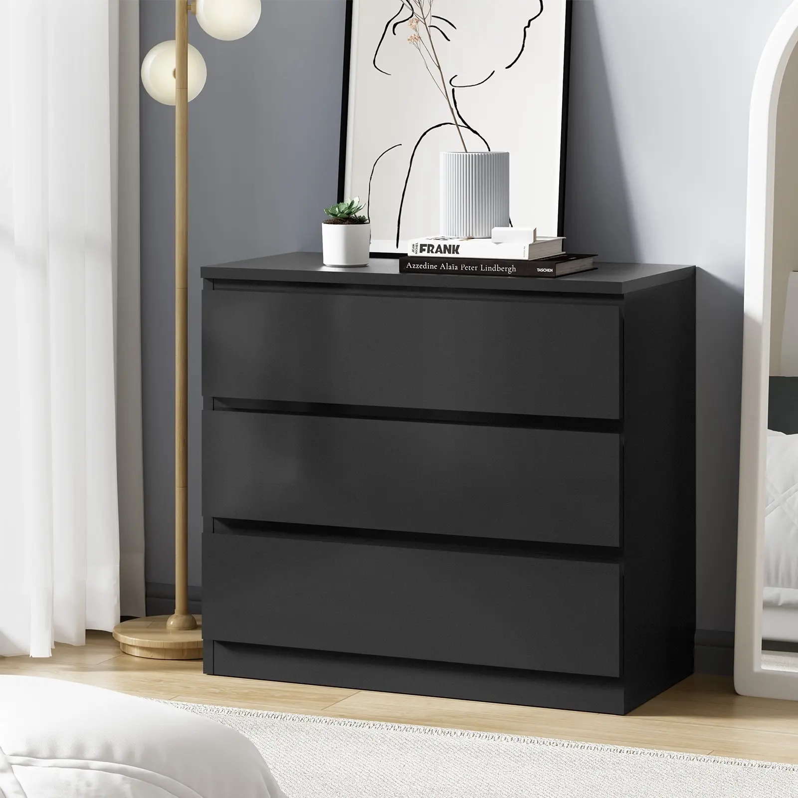 Oikiture 3 Chest of Drawers Lowboy Dresser Table Storage Cabinet Bedroom Black - Furniture