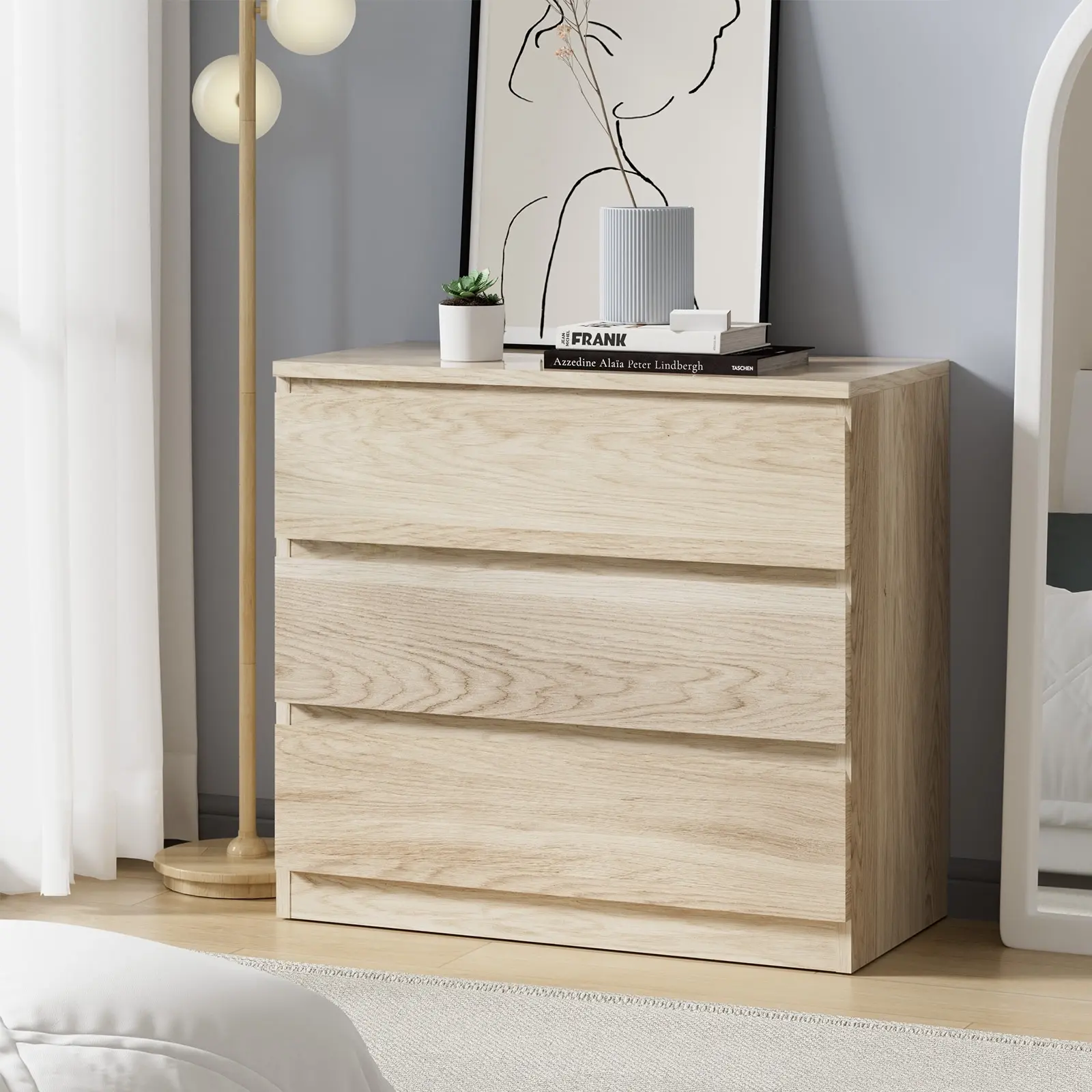 Oikiture 3 Chest of Drawers Lowboy Dresser Table Storage Cabinet Bedroom Natural - Furniture