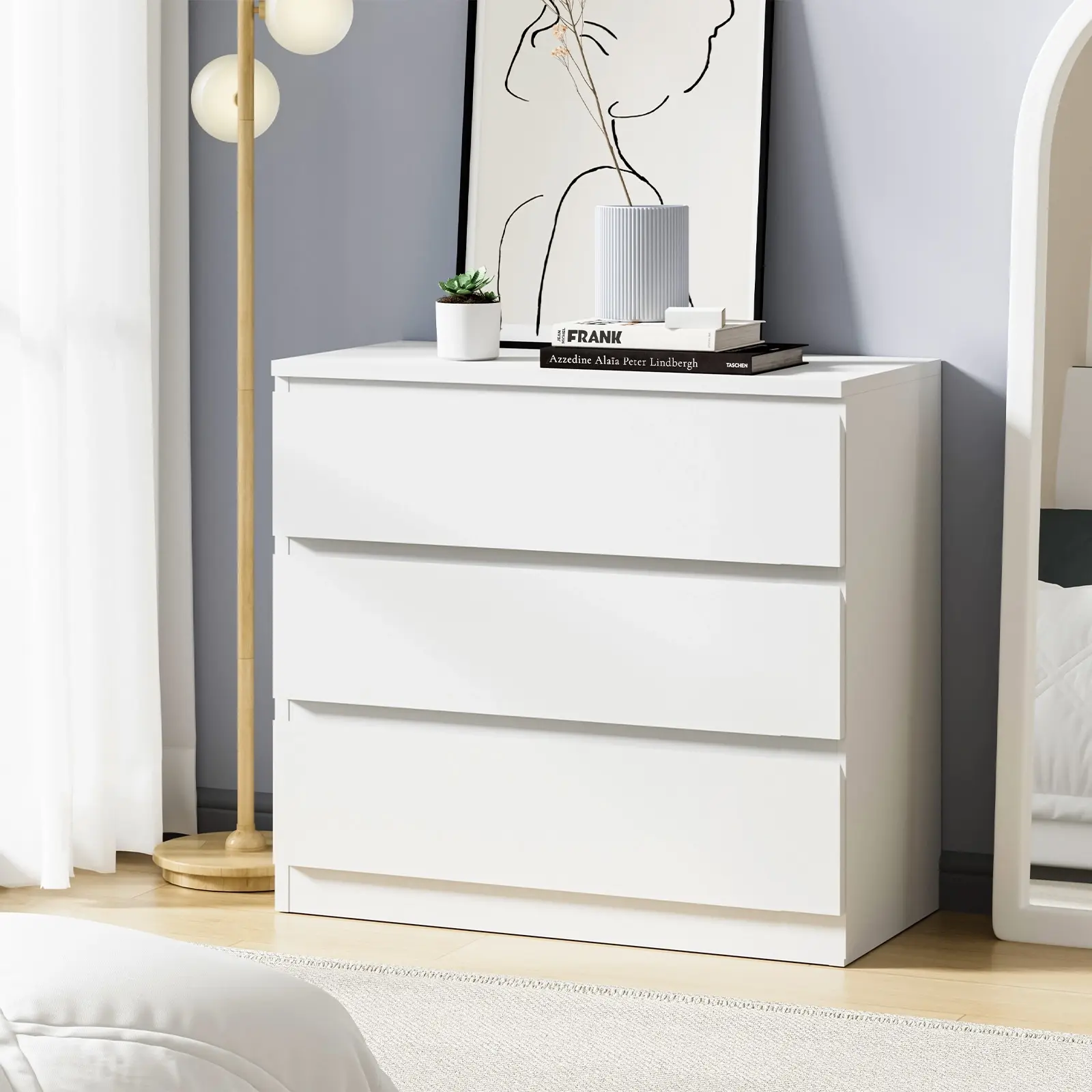 Oikiture 3 Chest of Drawers Lowboy Dresser Table Storage Cabinet Bedroom White - Furniture