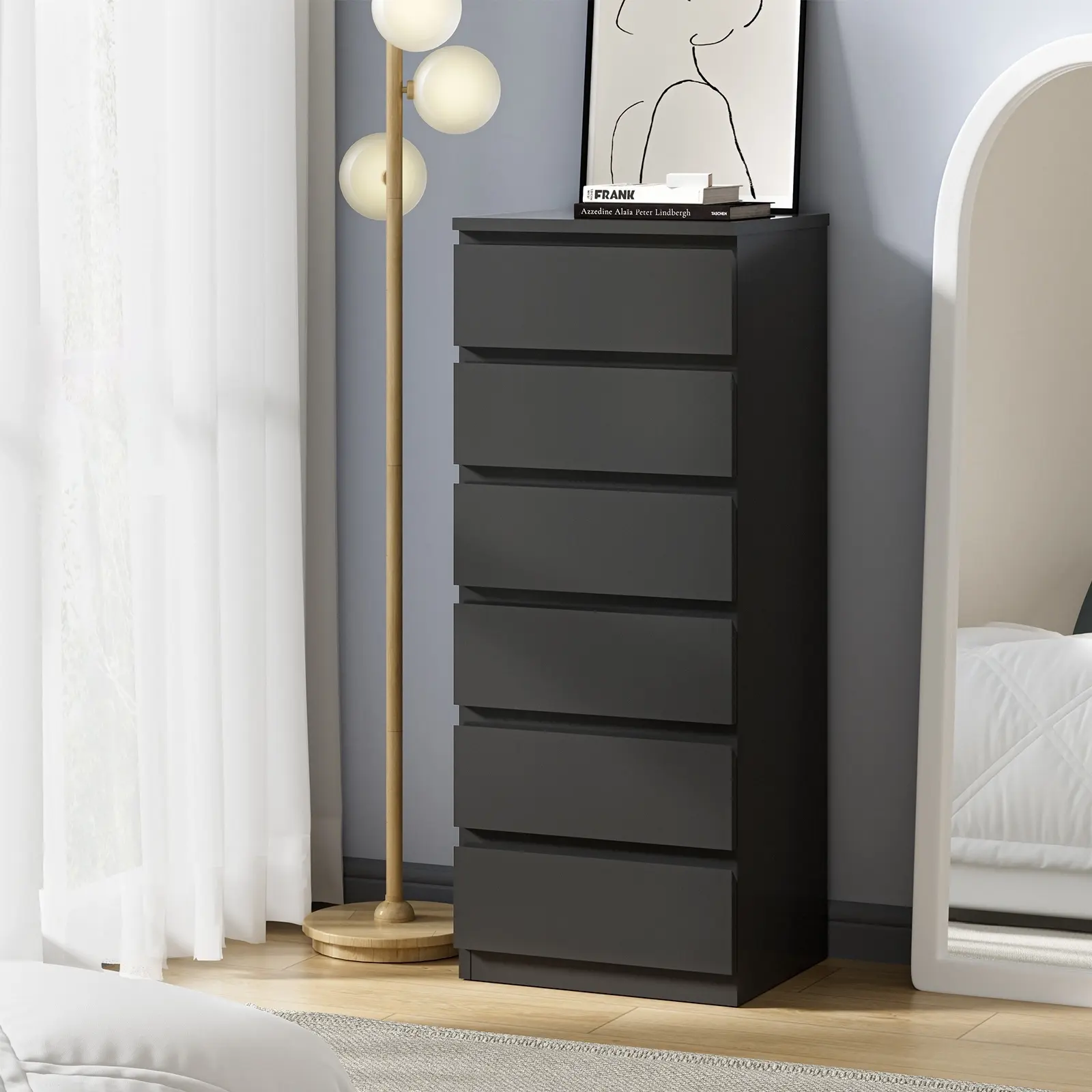 Oikiture 6 Chest of Drawers Tallboy Dresser Table Storage Cabinet Bedroom Black - Furniture