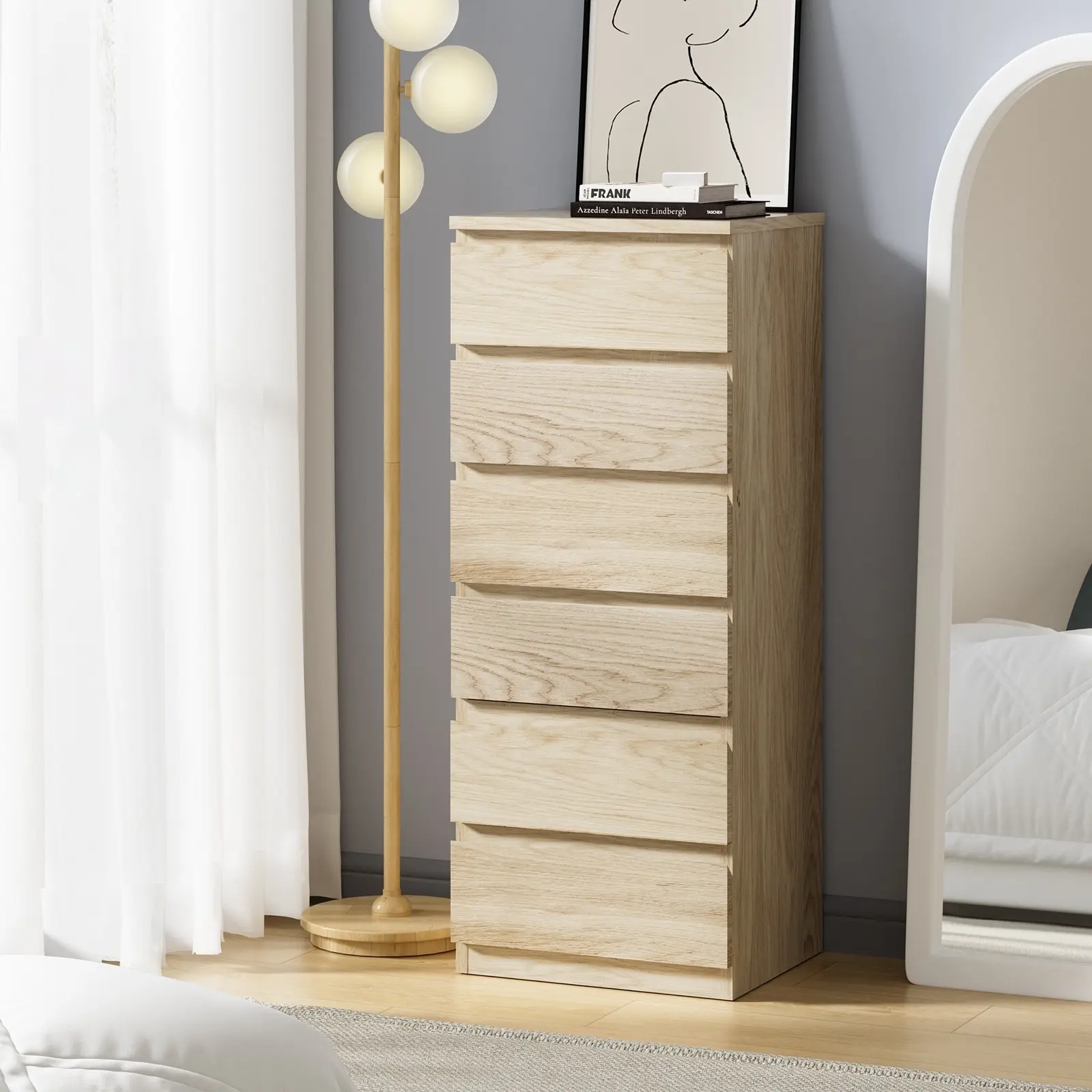 Oikiture 6 Chest of Drawers Tallboy Dresser Table Storage Cabinet Bedroom Natural - Furniture